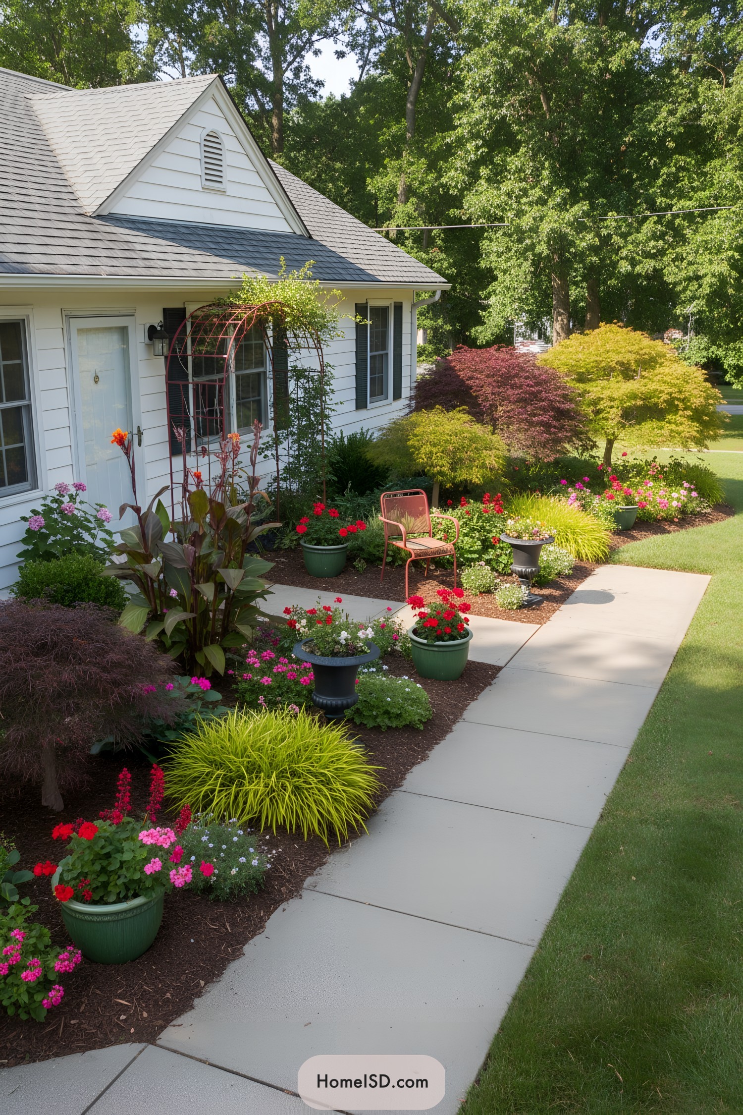 Colorful front-yard border with trellis, Japanese maples, potted geraniums, and a concrete walkway