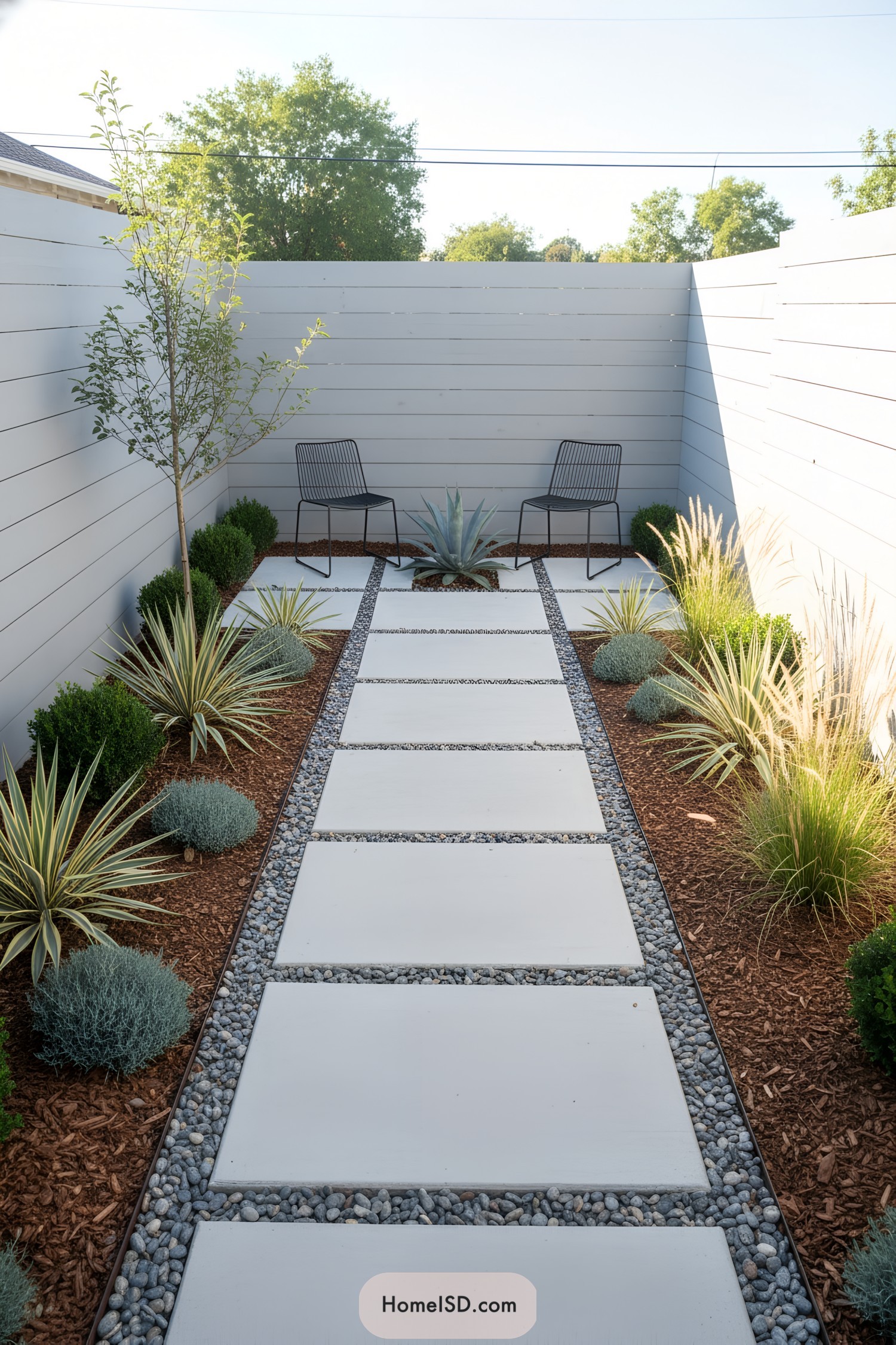 Narrow courtyard with white paver path, gravel joints, drought plants, and two black chairs