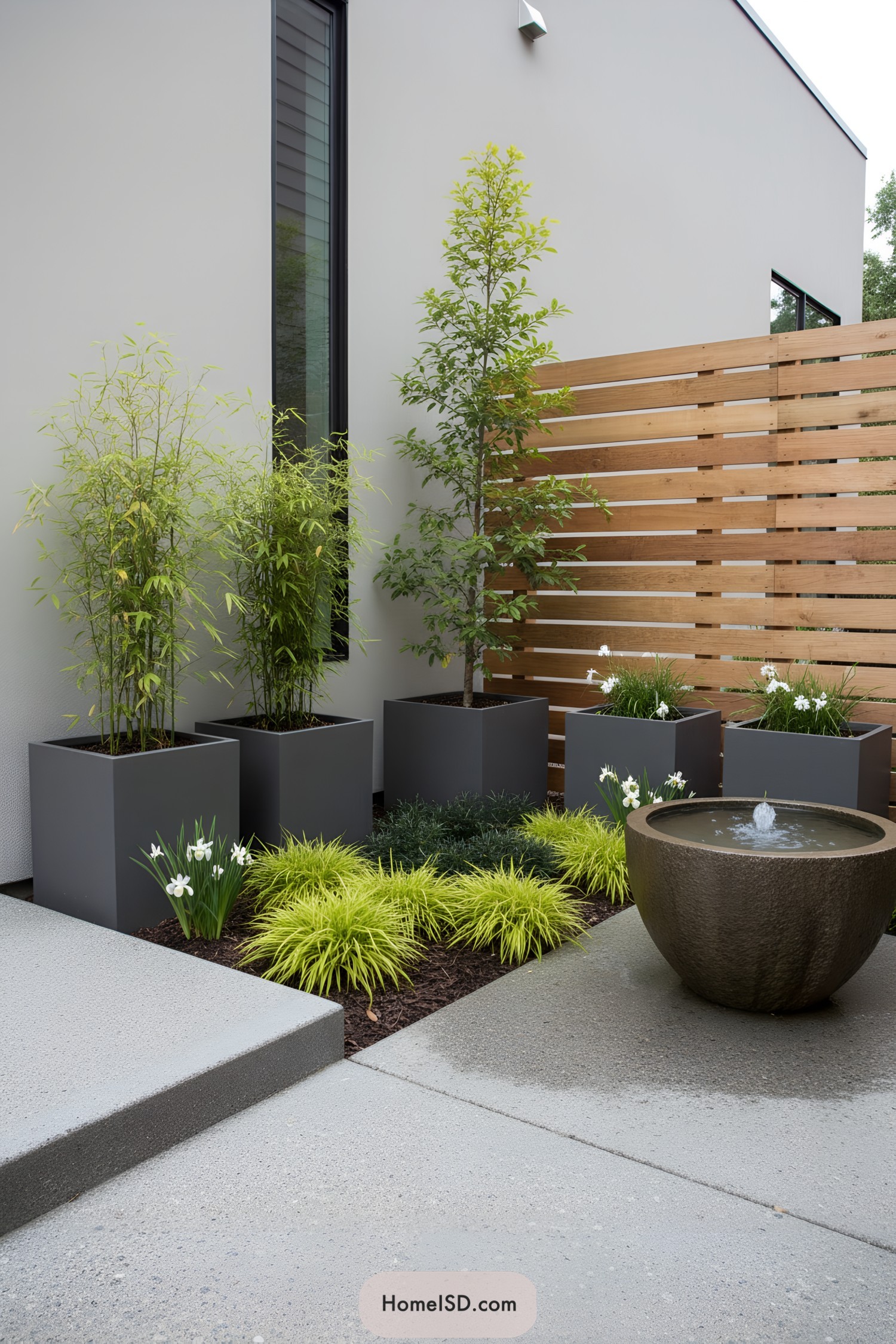 Modern courtyard with gray cube planters, bamboo, chartreuse grasses, slatted wood fence, and round fountain