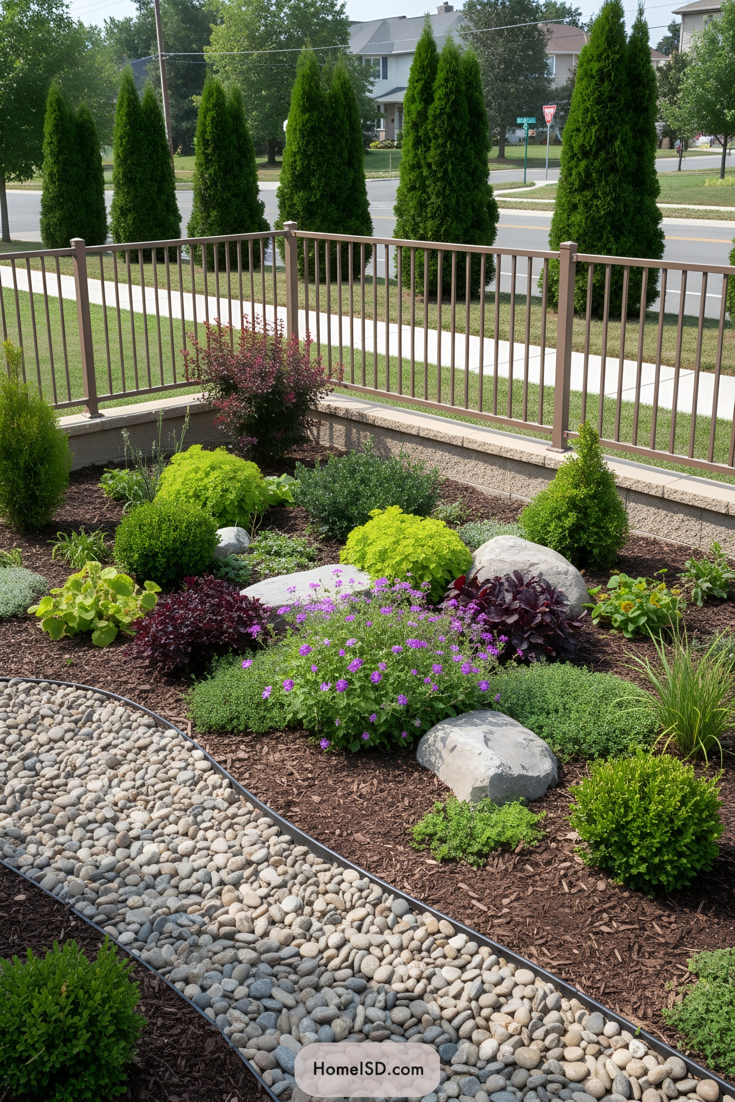 Curved pebble path through mulched bed with boulders, purple perennials, and an evergreen privacy row