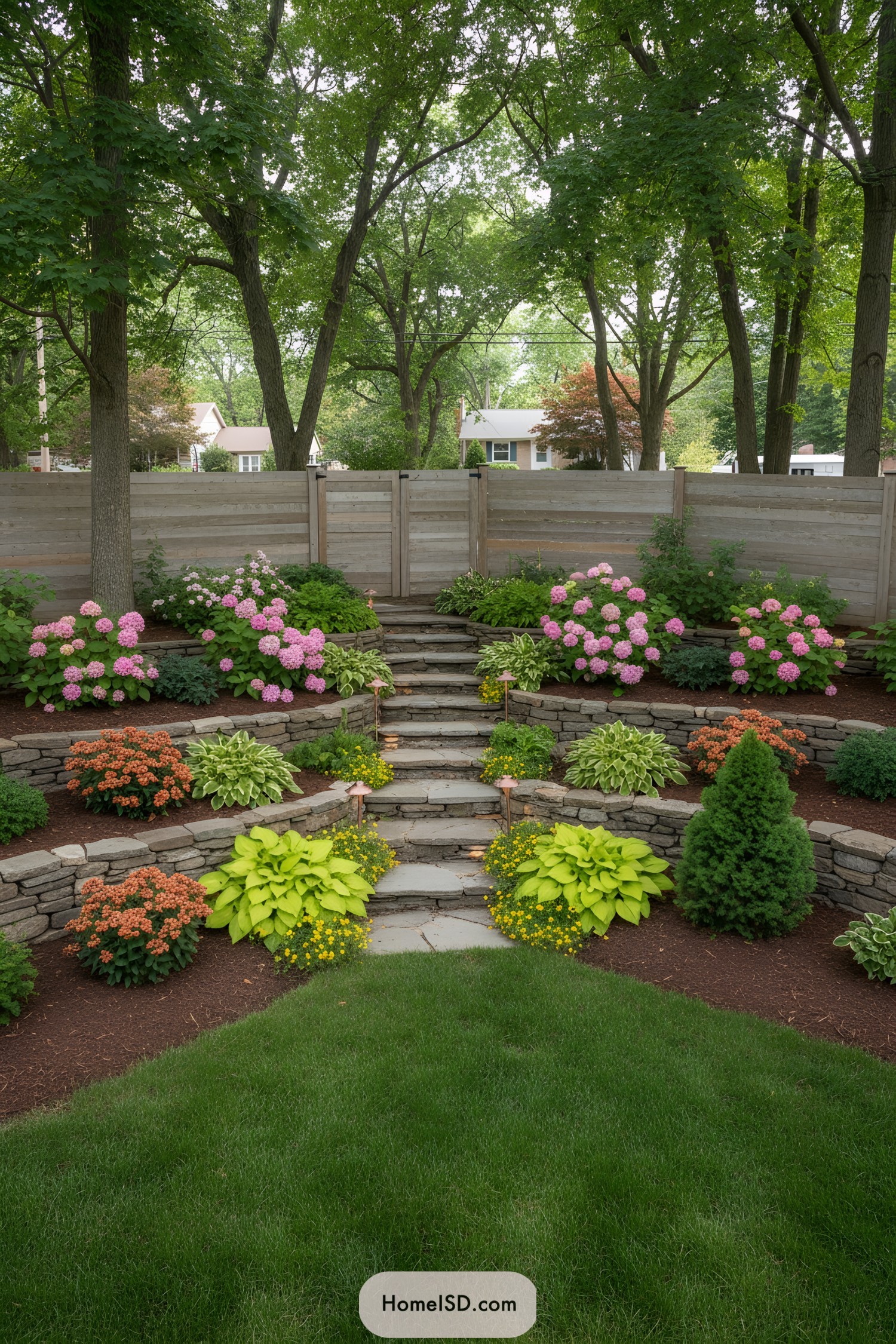 Terraced stone garden with central steps, pink hydrangeas, lime hostas, and evergreens