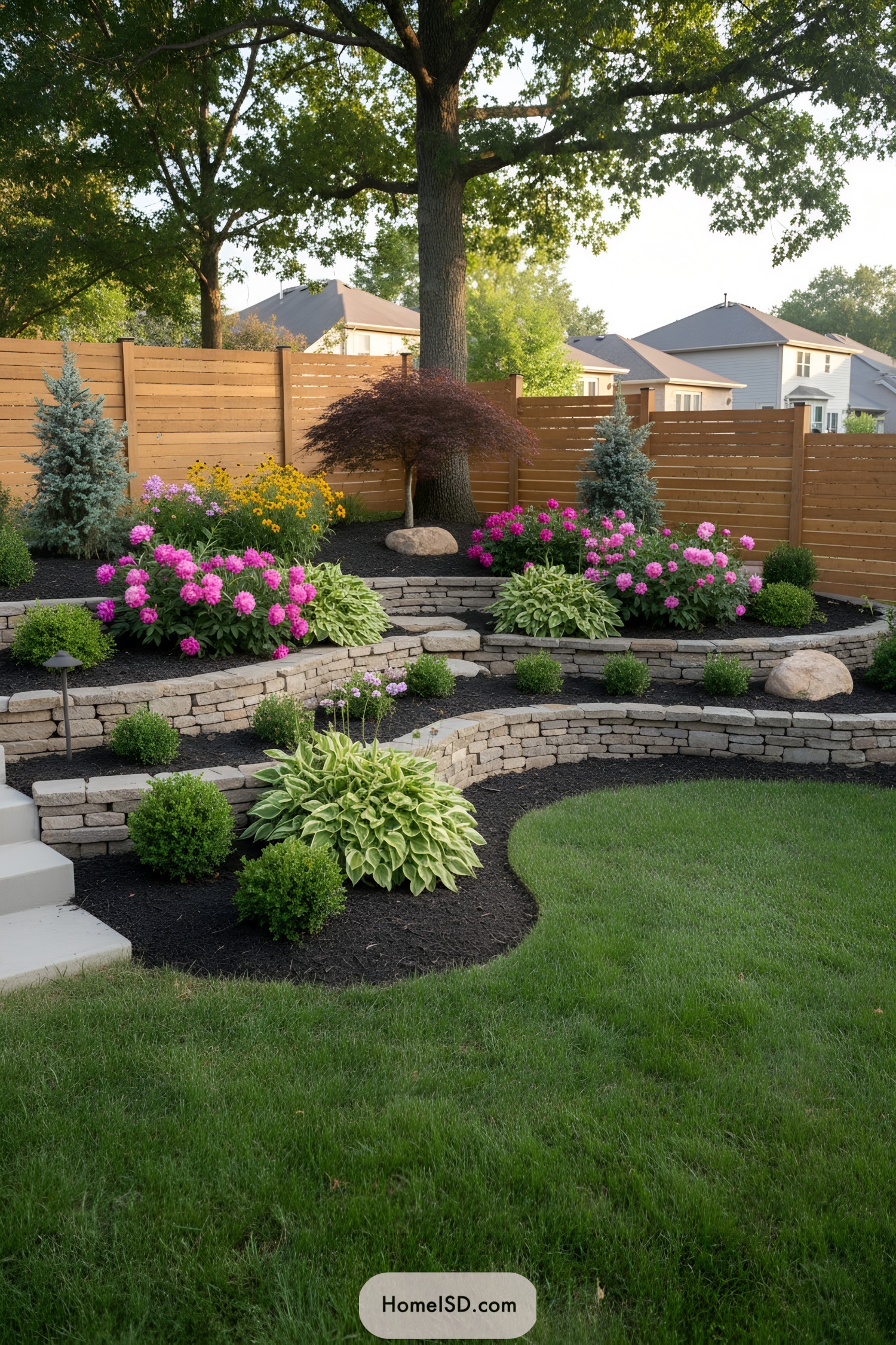 Curved stone terraces with pink blooms, hostas, and a Japanese maple by a warm wood fence