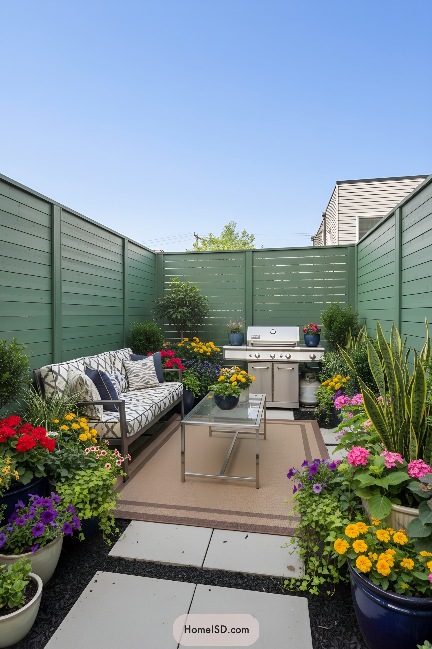 Small backyard with lush plants and inviting seating