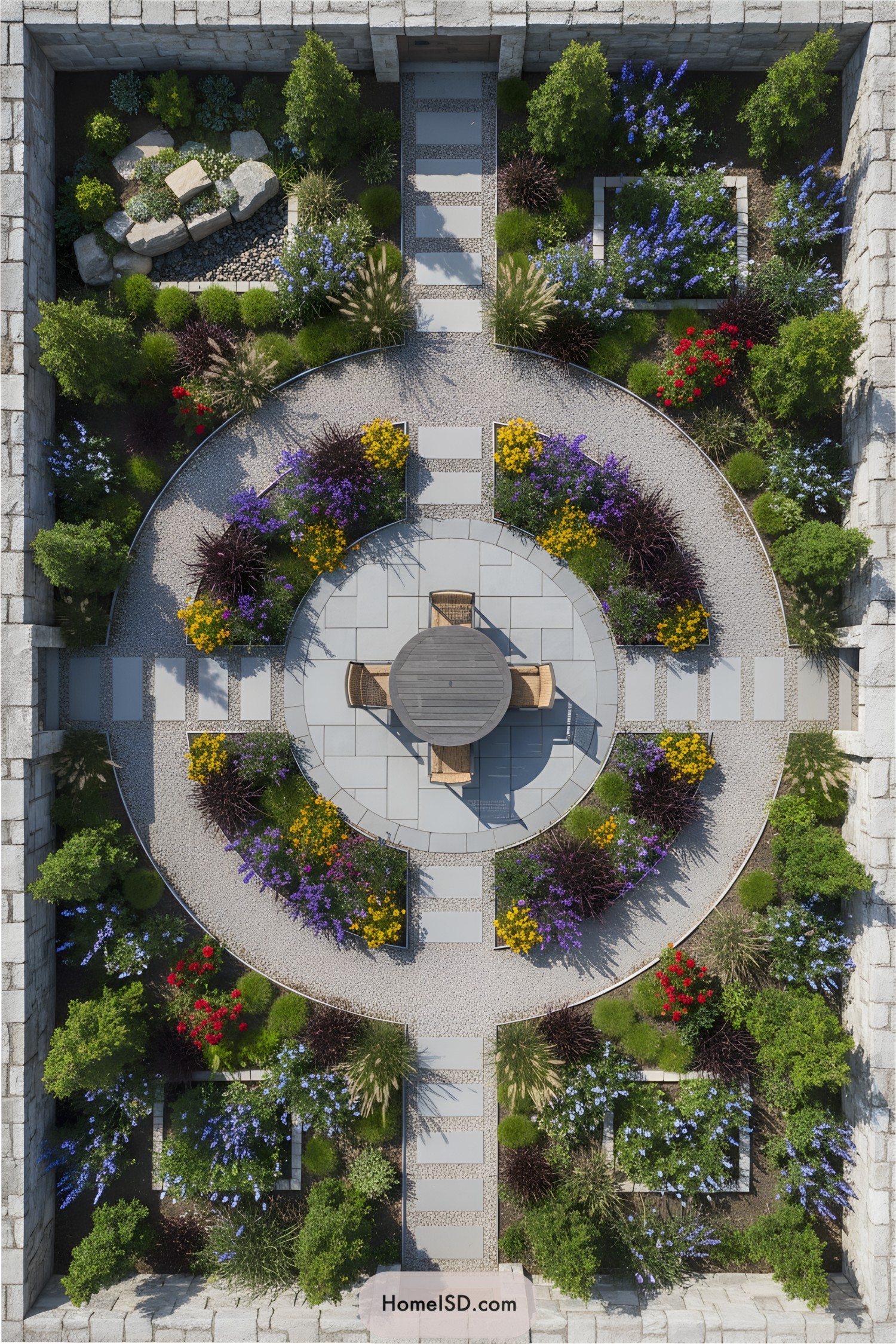 Lush garden with circular design and central seating