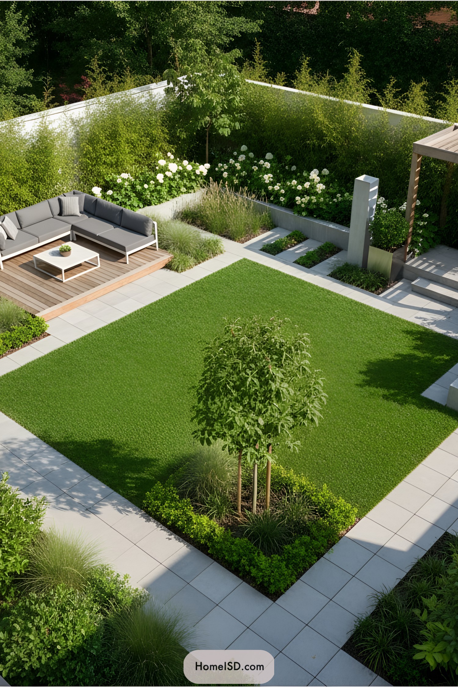 Modern patio with lush lawn and seating area