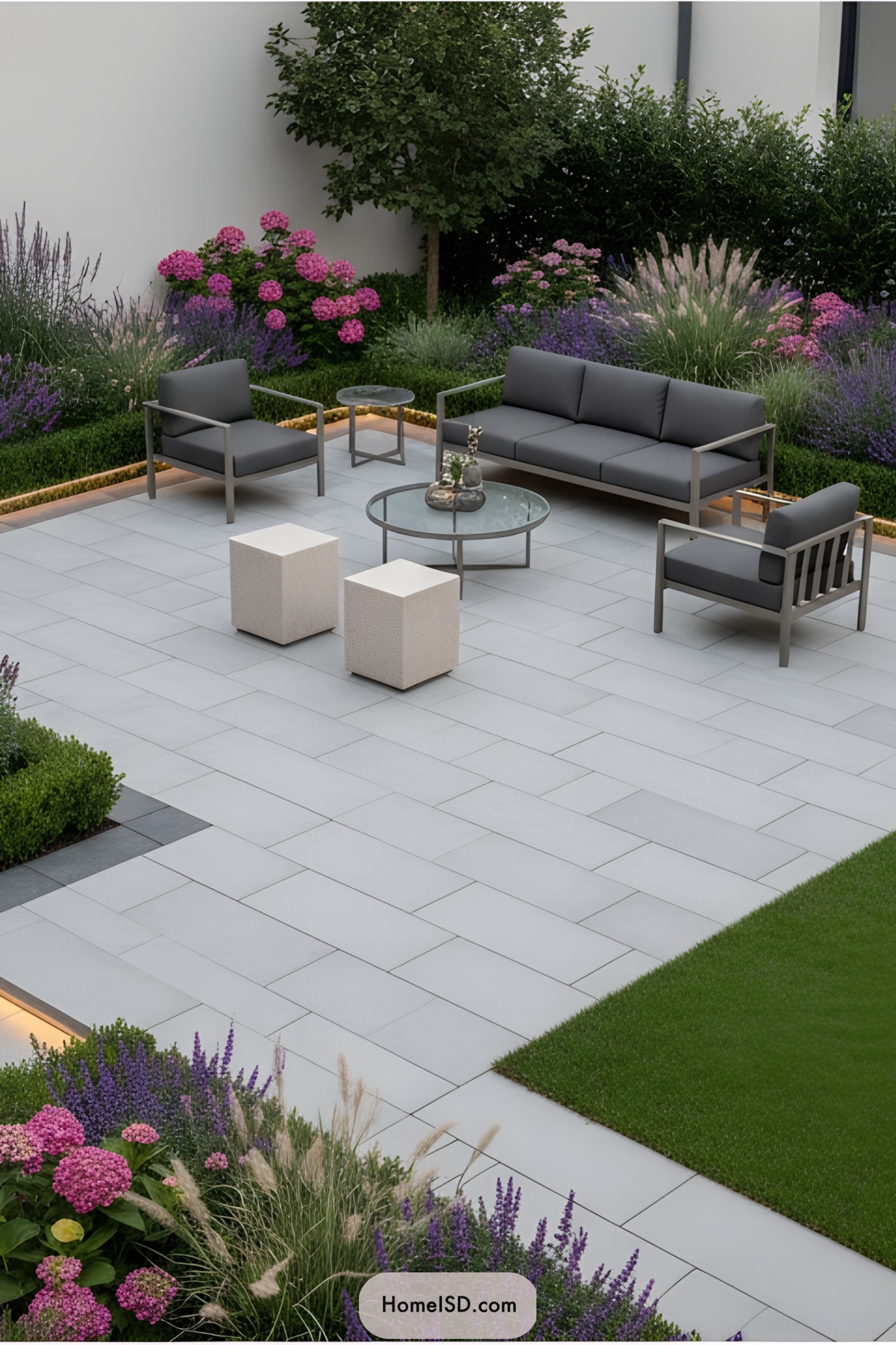 Modern outdoor seating area with vibrant garden