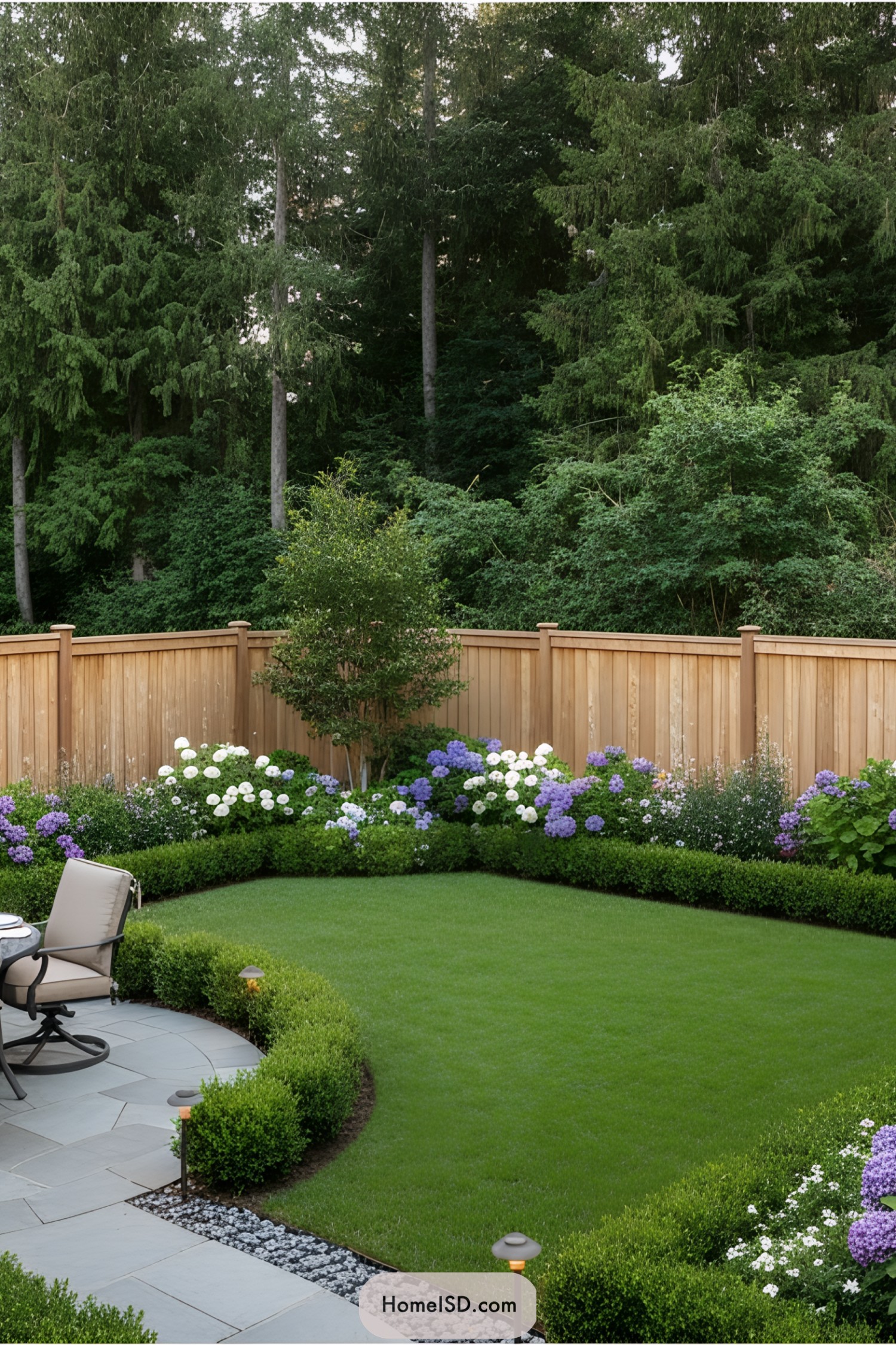 Lush garden with vibrant flowers and cozy patio