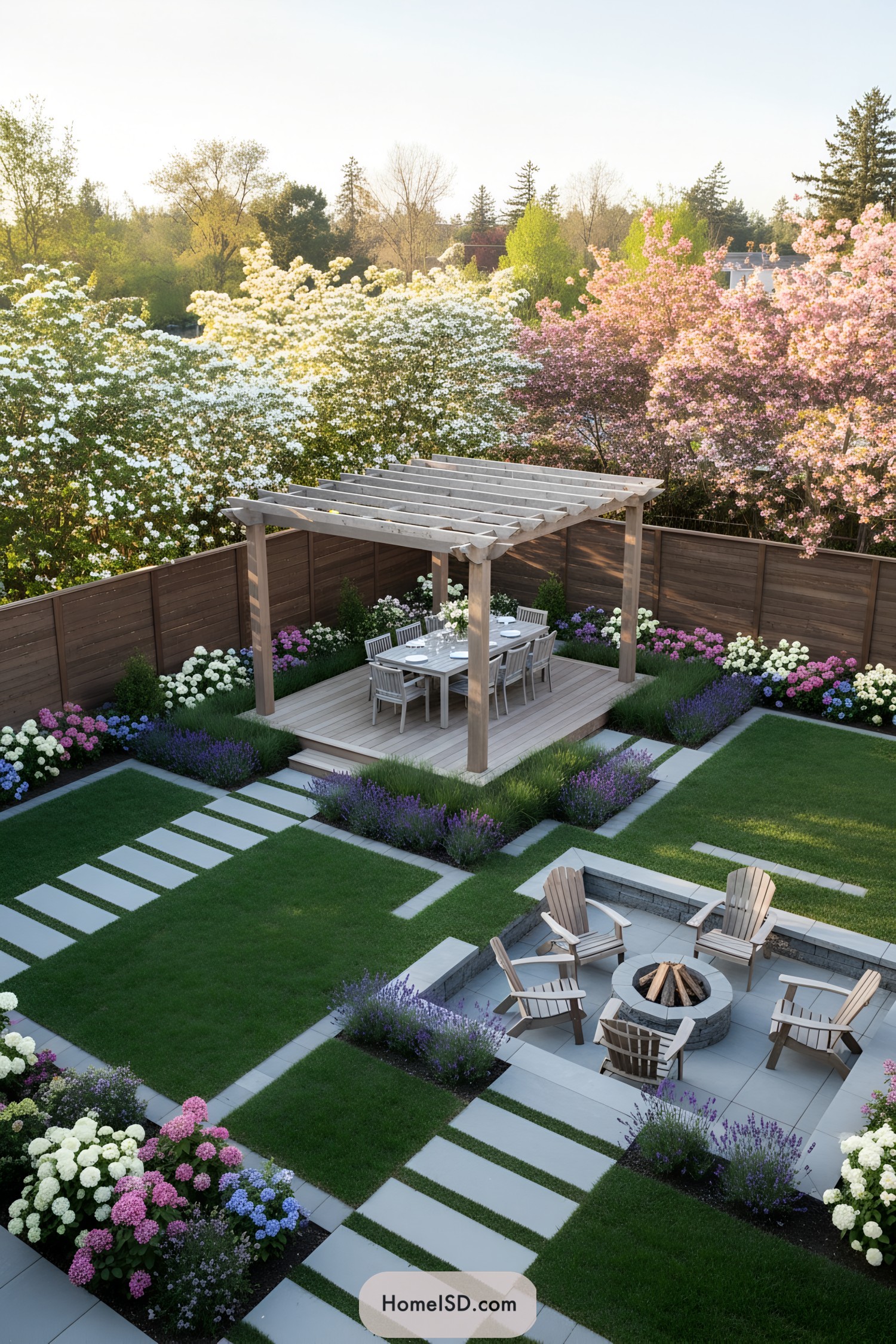Garden with Pergola, Firepit, and Seating Area