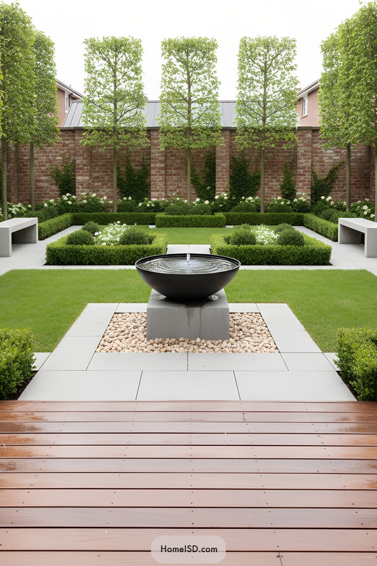 Patio garden with central water feature and manicured hedges