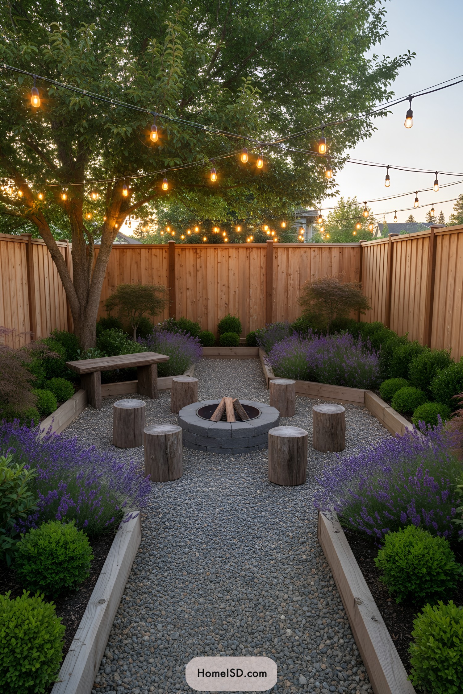 Square yard garden with fire pit and string lights