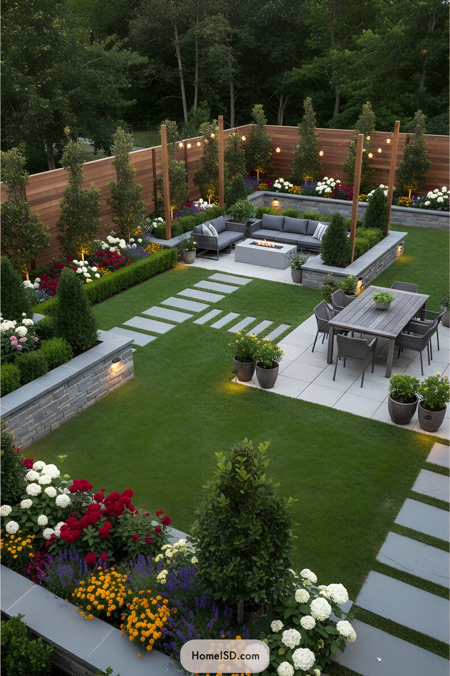 Stylish backyard with seating area, dining space, and colorful flower beds