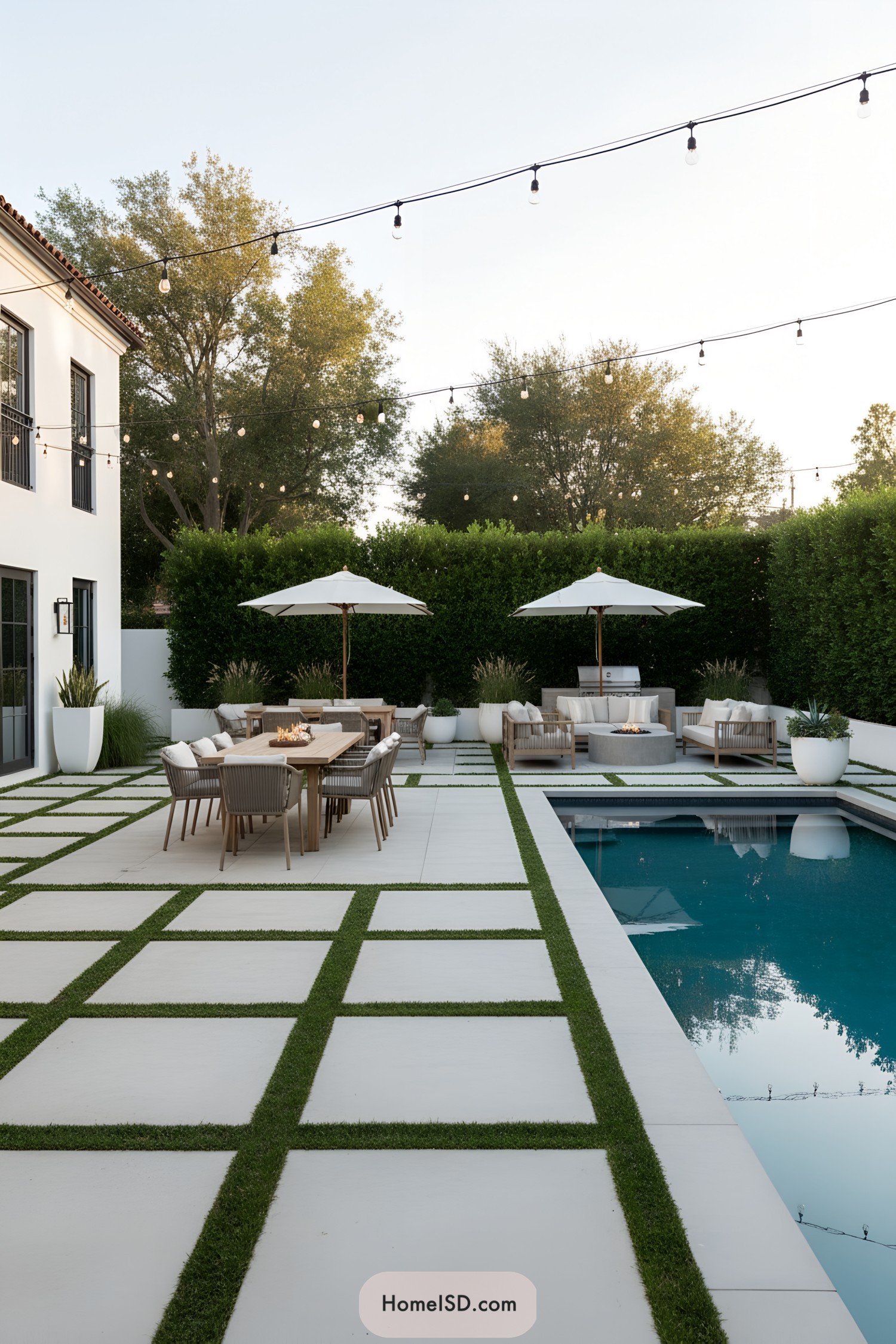 Modern patio with pool and string lights