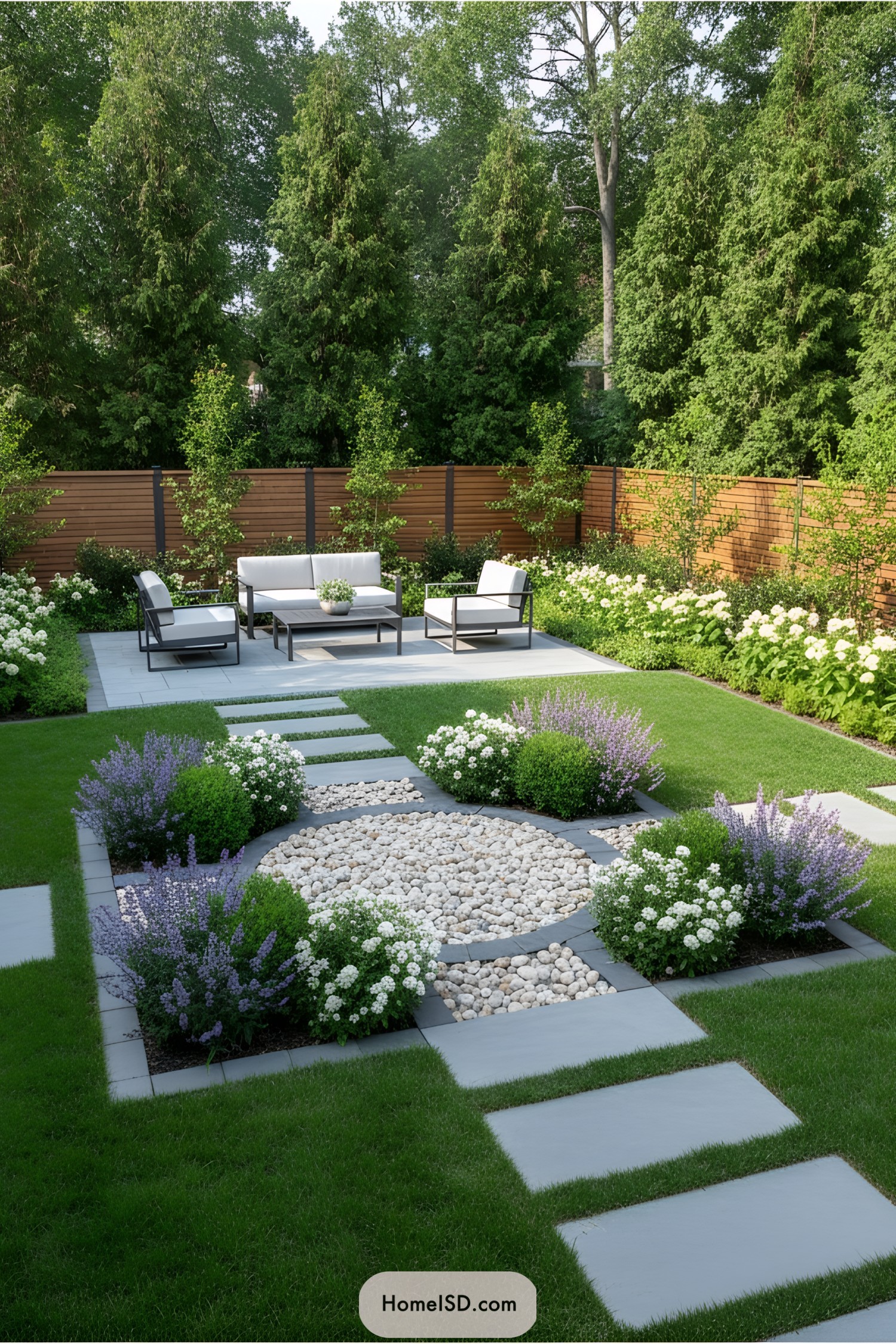 Sleek patio with lush greenery and a stone circle