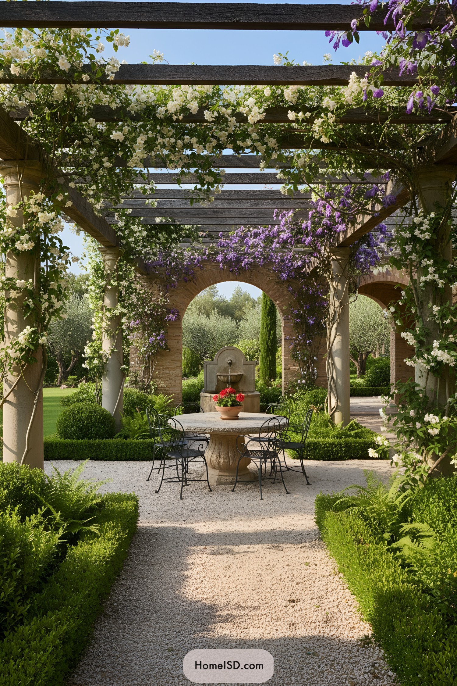 Tuscan pergola with flowering vines, stone round table, iron chairs, and tiered wall fountain