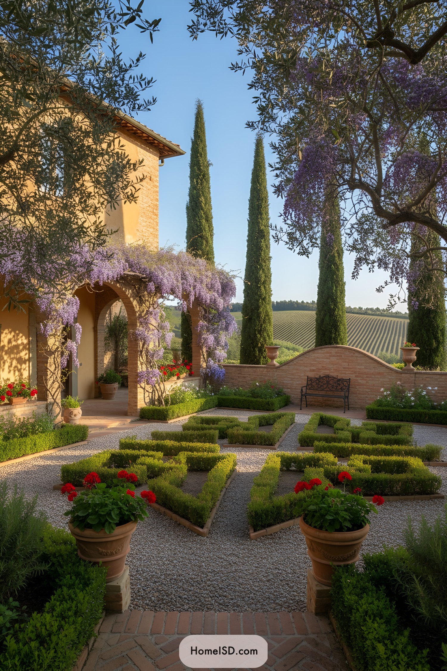 Tuscan courtyard with boxwood maze, wisteria-covered arches, and cypress backdrop