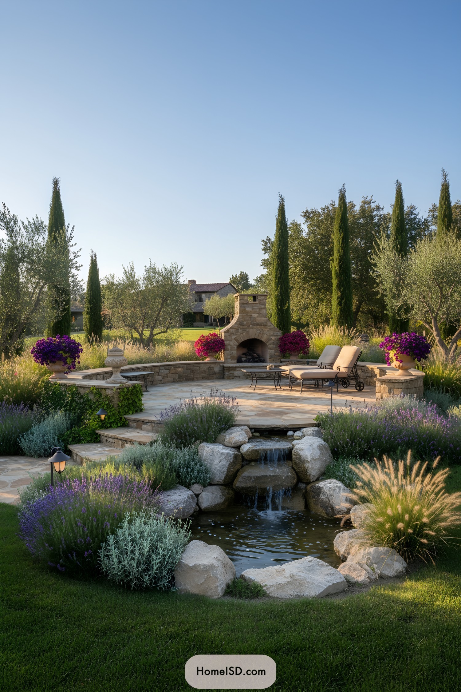 Stone patio with outdoor fireplace, lavender borders, and a small waterfall pond