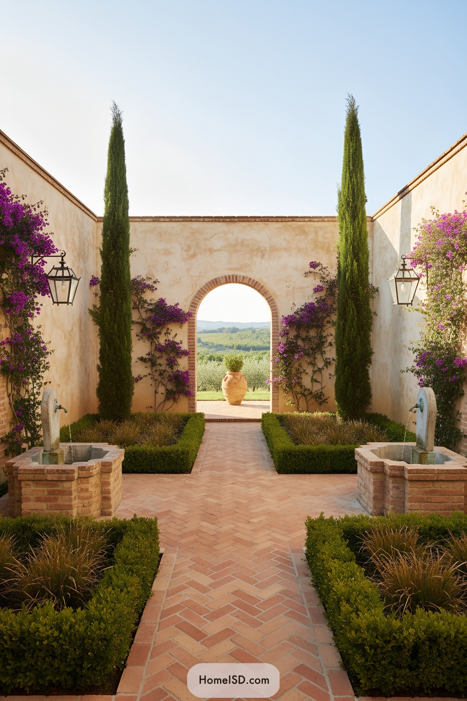 Symmetrical Tuscan courtyard with herringbone brick, boxwood parterres, bougainvillea, cypress, twin brick fountains, and an arched vista to an urn