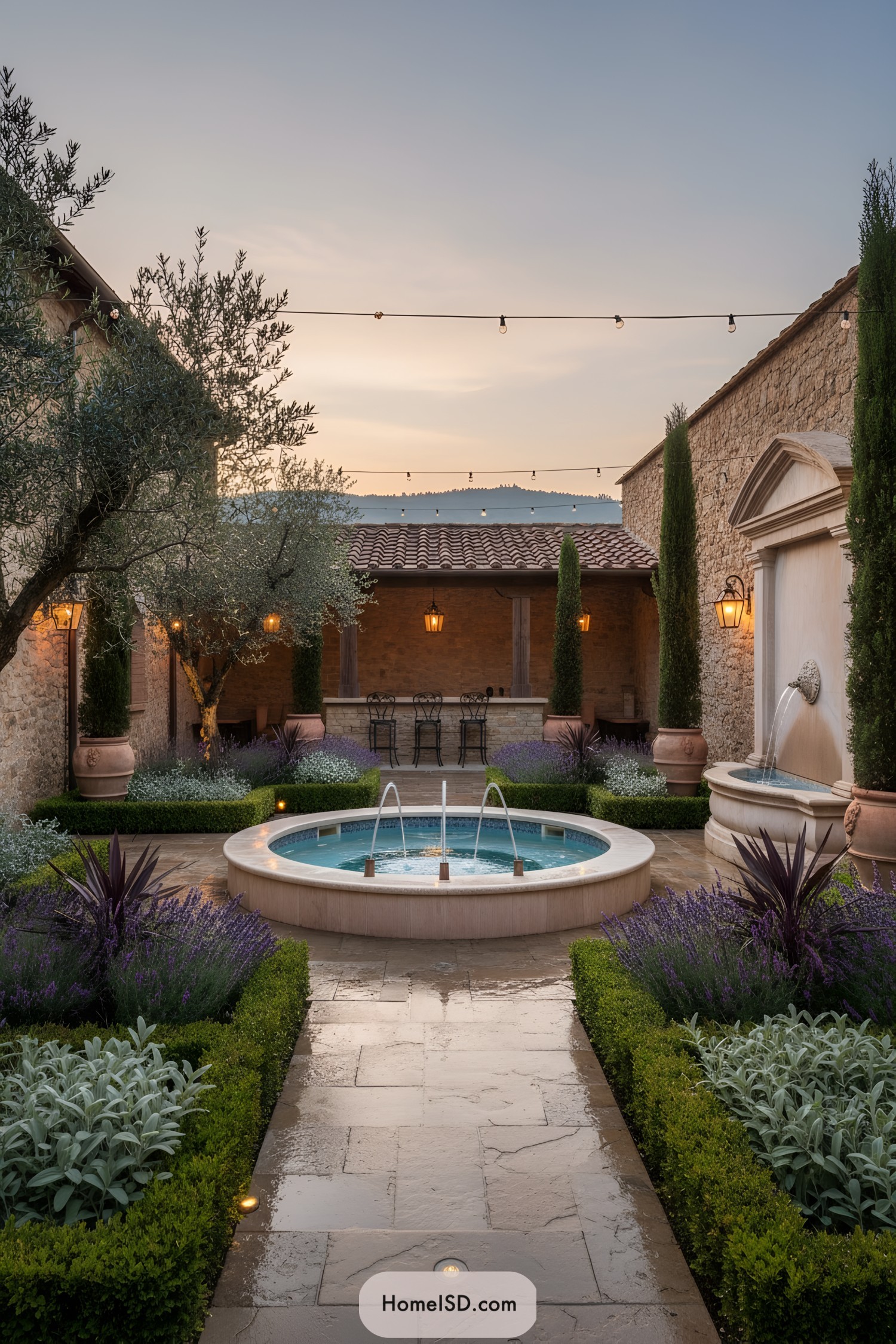 Tuscan courtyard at dusk with circular fountain, boxwood hedges, lavender, and string lights