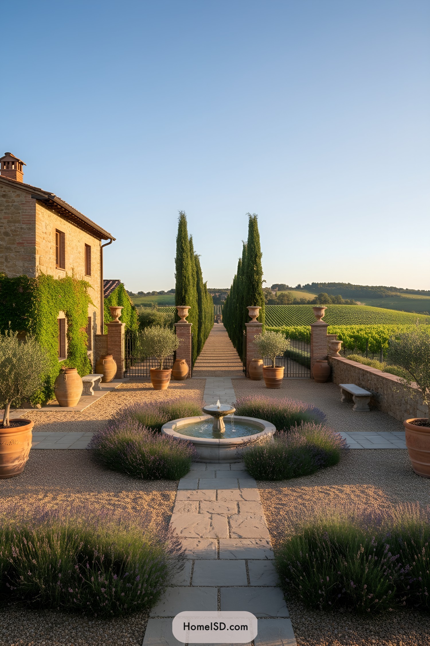 Cypress-lined Tuscan courtyard with central fountain, lavender mounds, and terracotta pots overlooking vineyards
