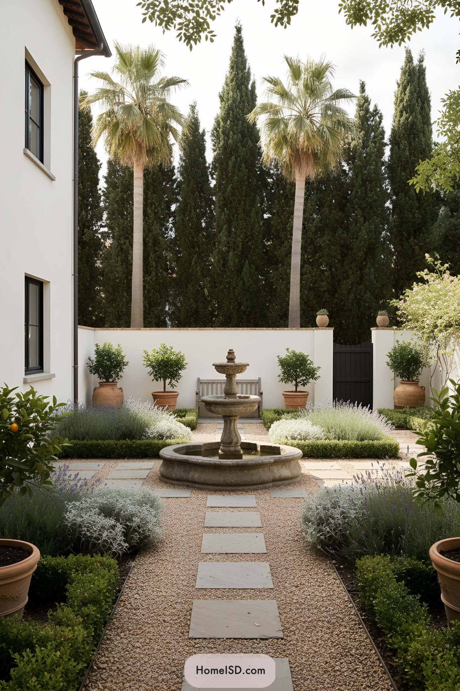 Tuscan courtyard with central stone fountain, gravel paths, boxwood edges, lavender mounds, and potted citrus