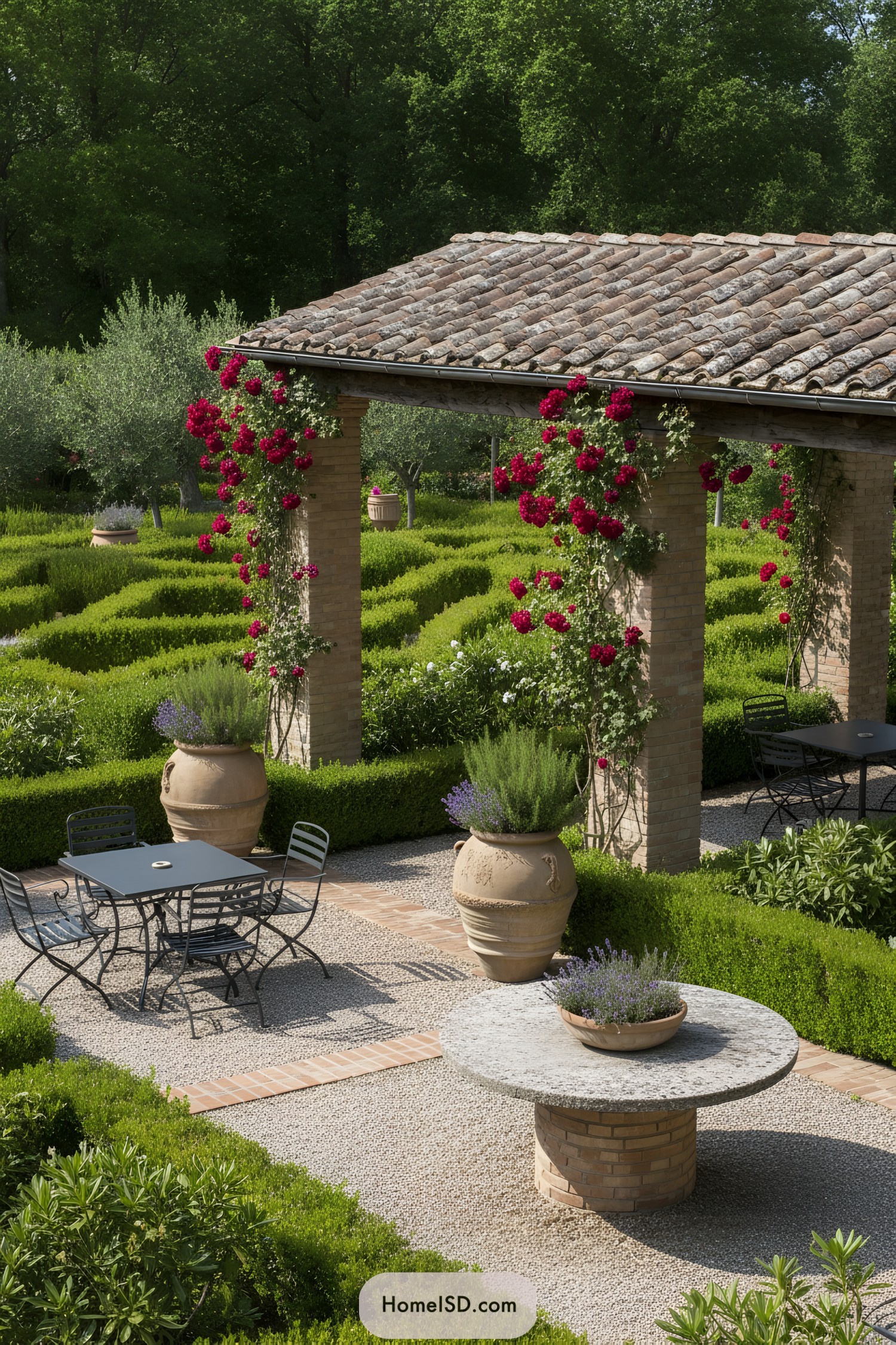 Brick loggia with climbing roses, boxwood parterre, gravel paths, and iron bistro seating