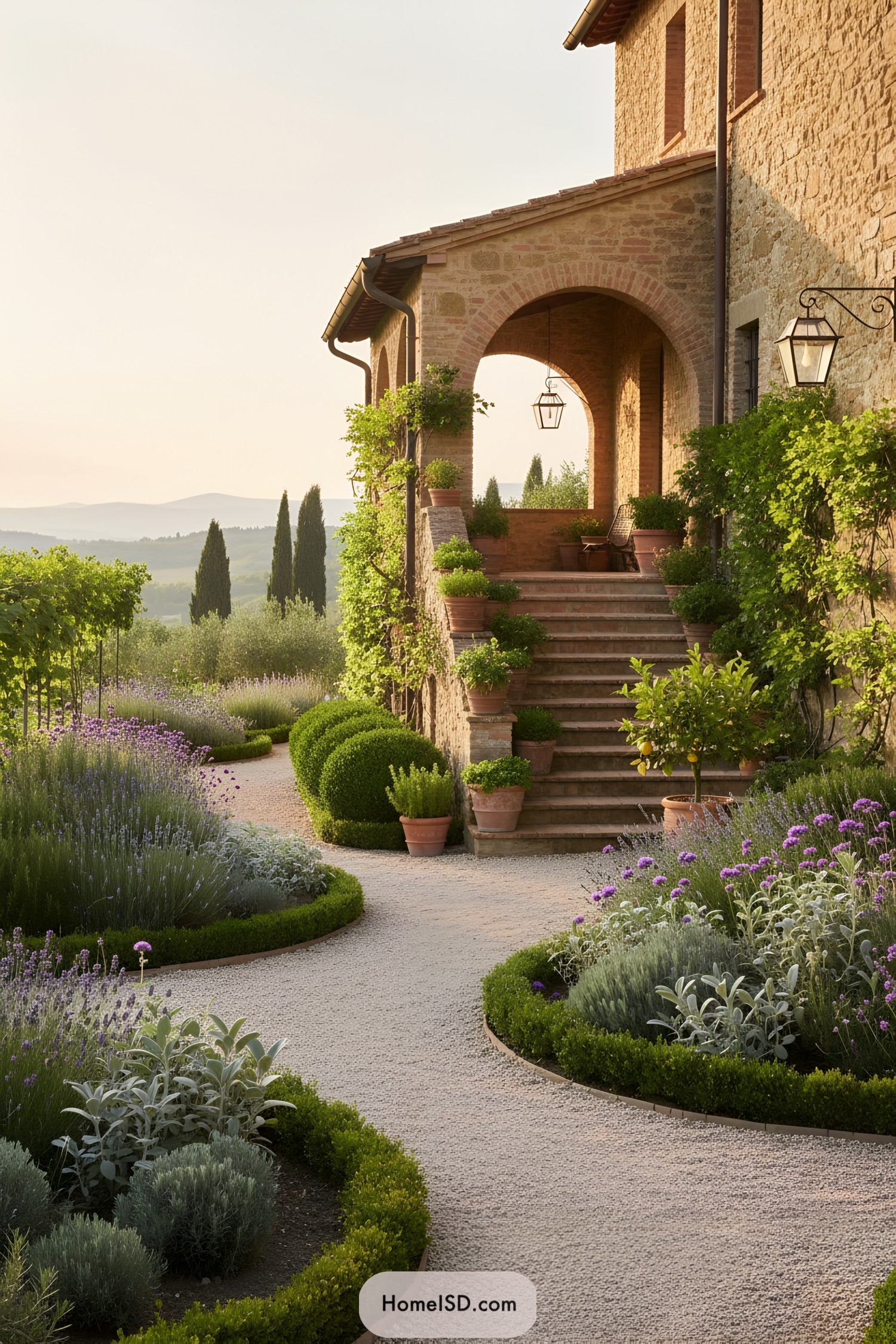 Tuscan garden with arched stone veranda, curved gravel paths, clipped boxwood, lavender, and terracotta pots