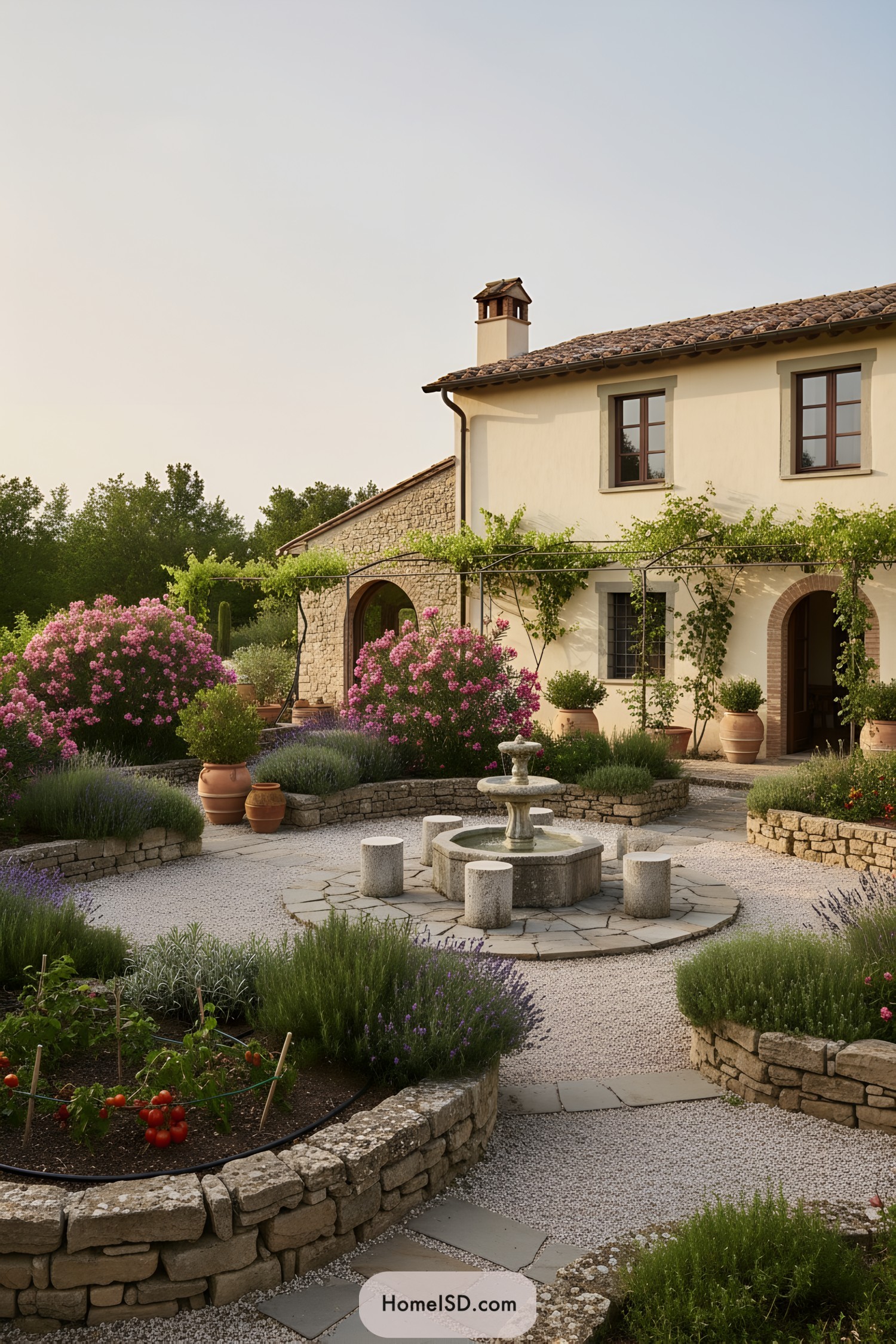 Tuscan courtyard garden with circular stone fountain, gravel paths, lavender, oleander, and terracotta pots by a rustic farmhouse