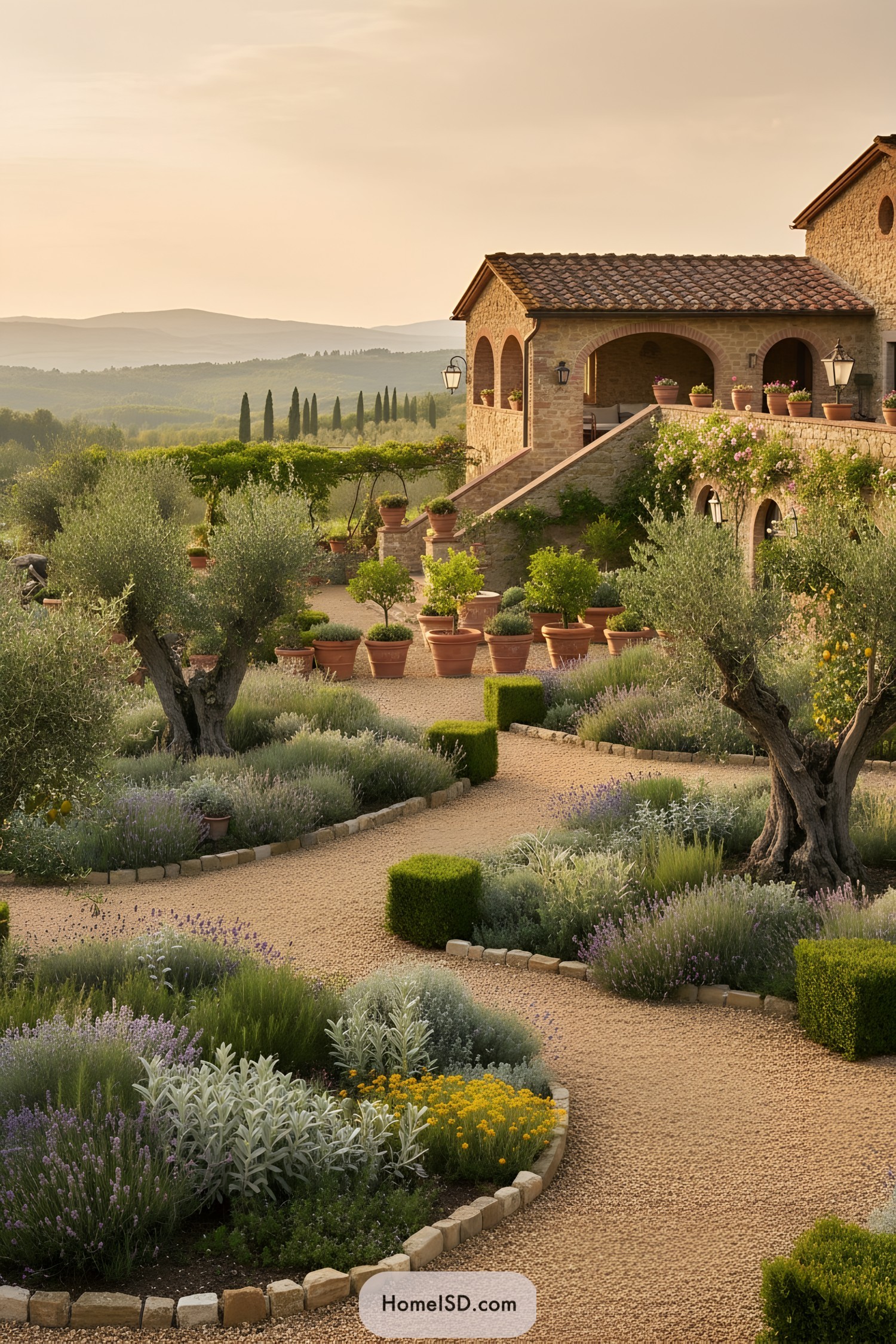 Tuscan villa garden with winding gravel paths, olive trees, lavender, and terracotta pots at sunset