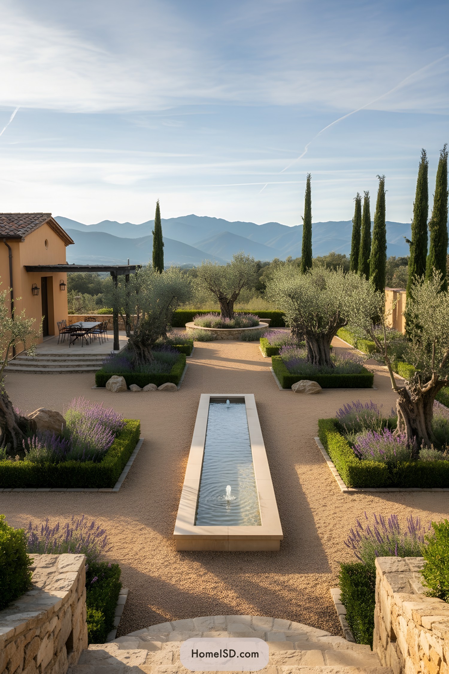 Symmetrical Tuscan courtyard with rill fountain, olives, lavender, and cypress