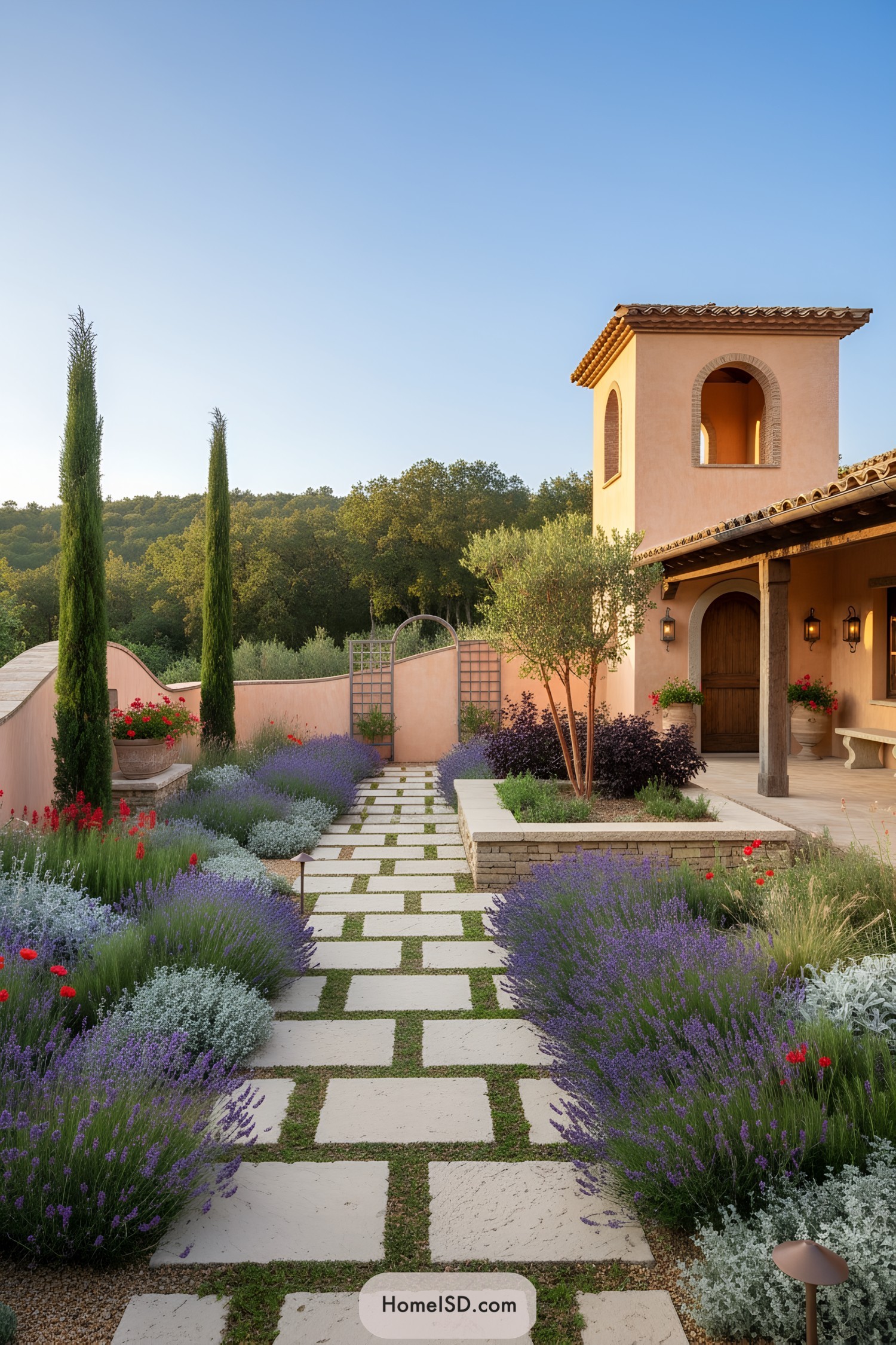 Stepping-stone path through lavender to an arched trellis beside a peach stucco villa