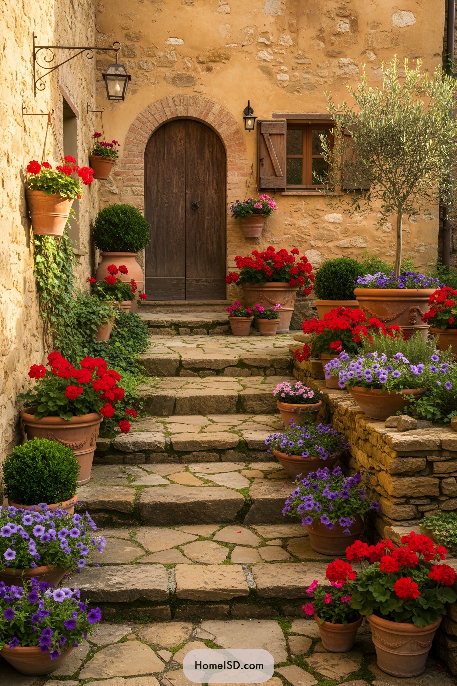 Stone-step Tuscan courtyard with pots of red geraniums, purple petunias, boxwood, and a potted olive by a rustic door