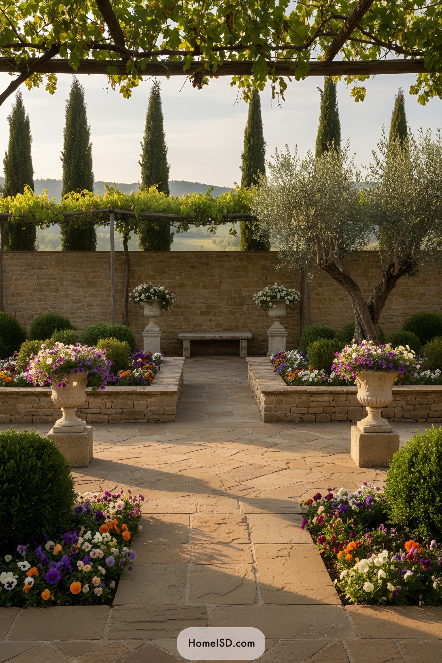 Tuscan stone courtyard with grapevine pergola, cypress backdrop, olive trees, and flower-filled urns