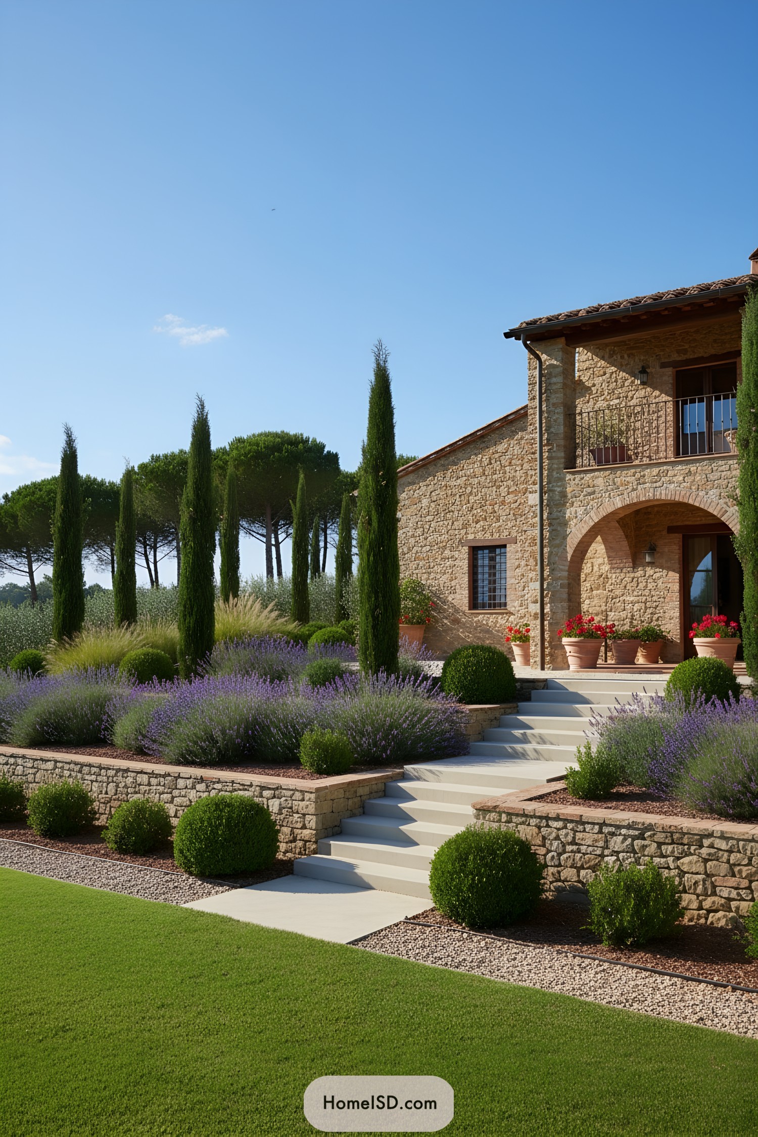 Terraced Tuscan garden with stone steps, lavender drifts, boxwood spheres, and tall cypress beside a rustic villa