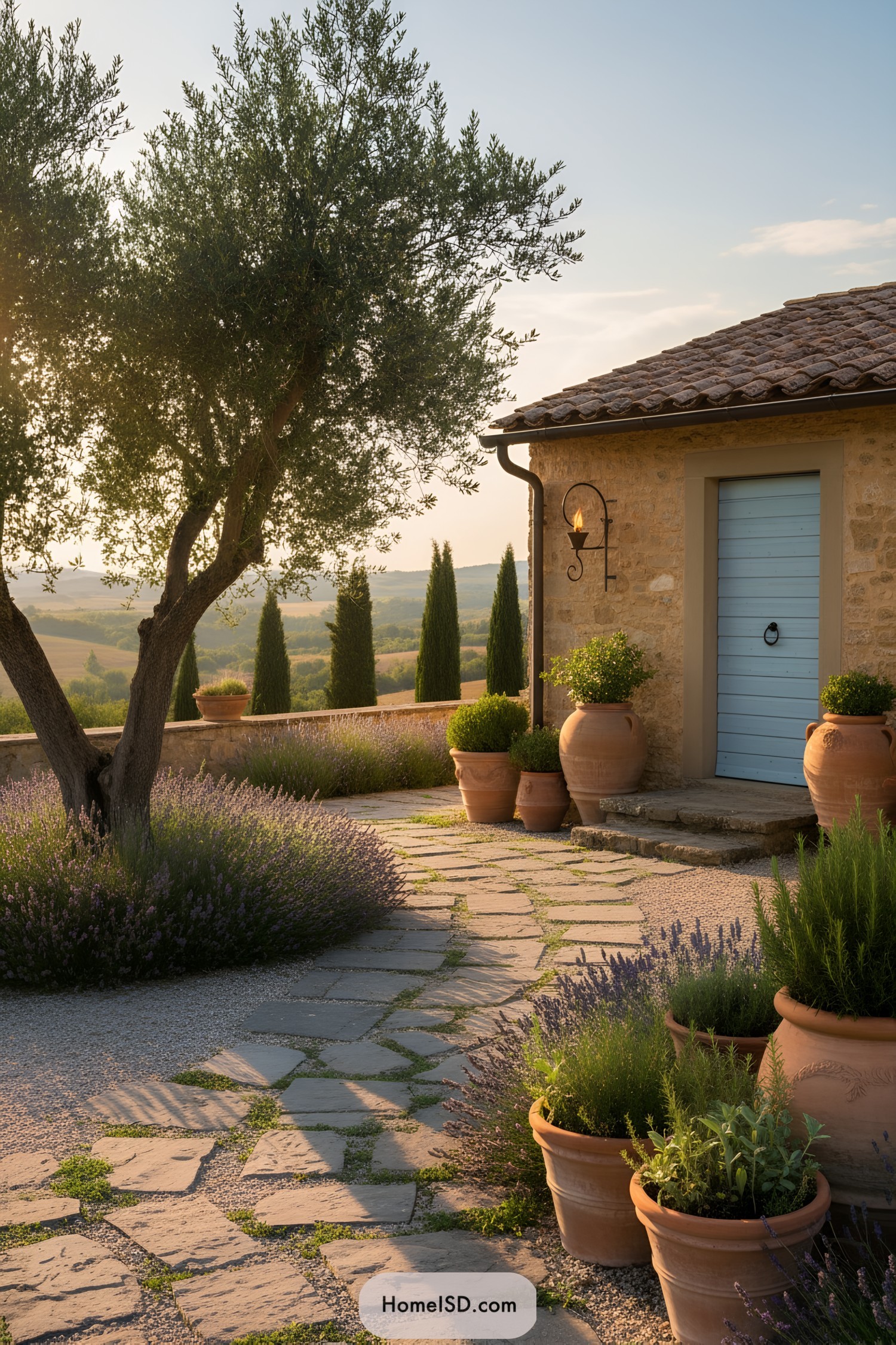 Stone cottage entry with blue door, torch sconce, flagstone path, terracotta herb pots, lavender, and an olive tree
