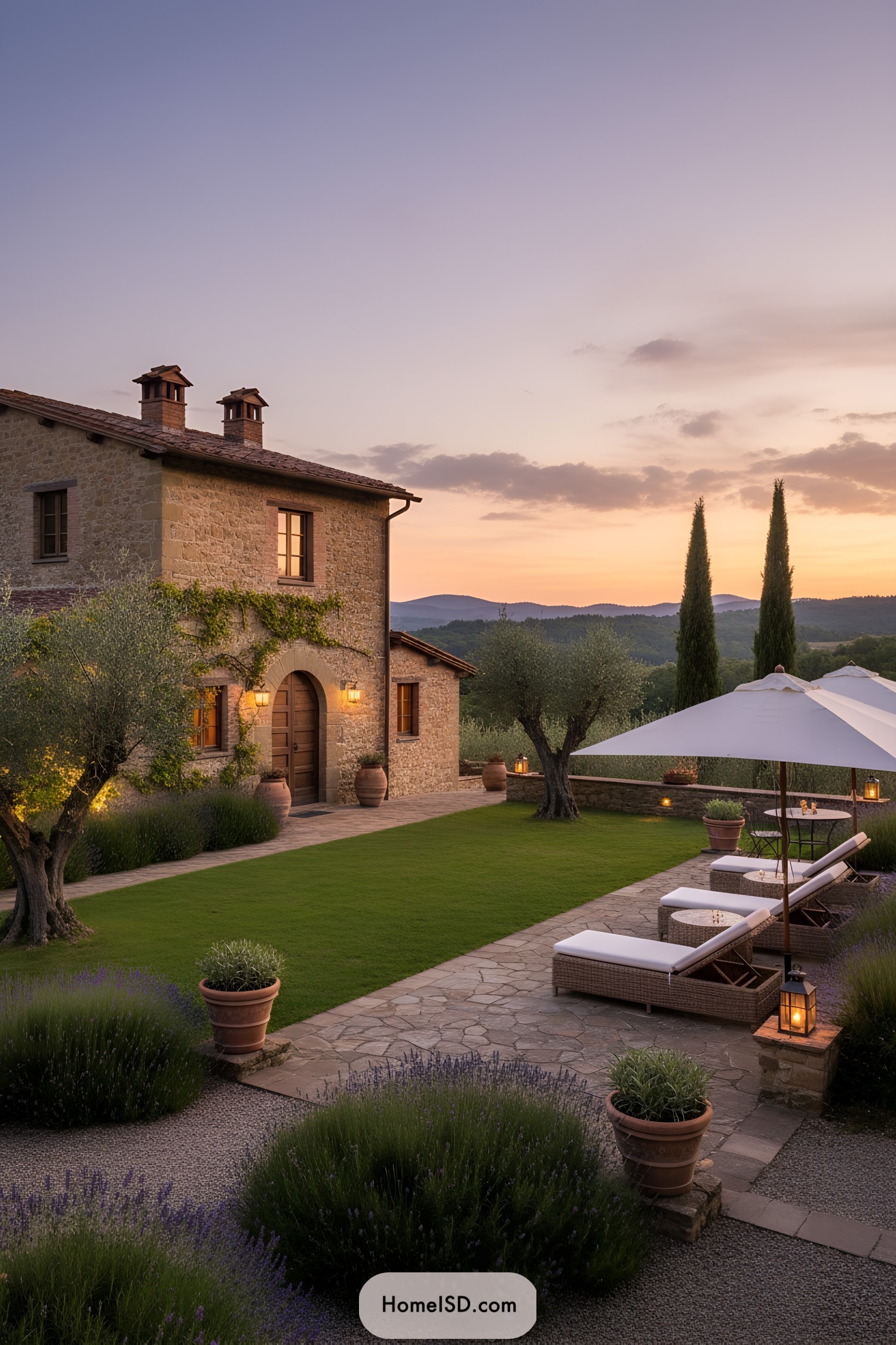 Tuscan stone farmhouse courtyard with olive trees, lavender beds, cypress, and umbrella loungers at sunset