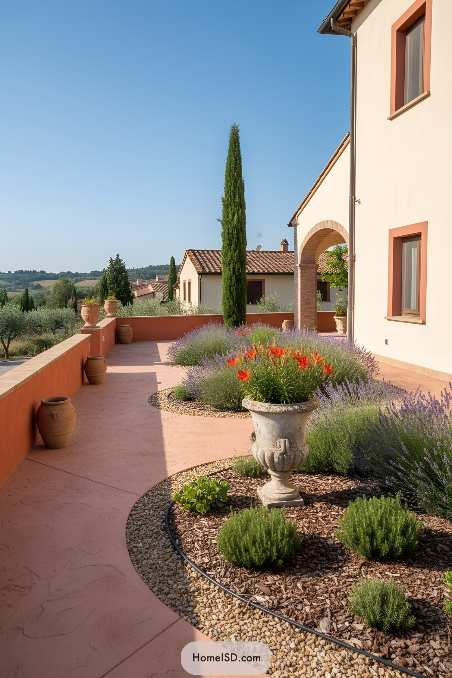 Curved Tuscan terrace with urn of orange daylilies, lavender mounds, cypress, and rolling hills