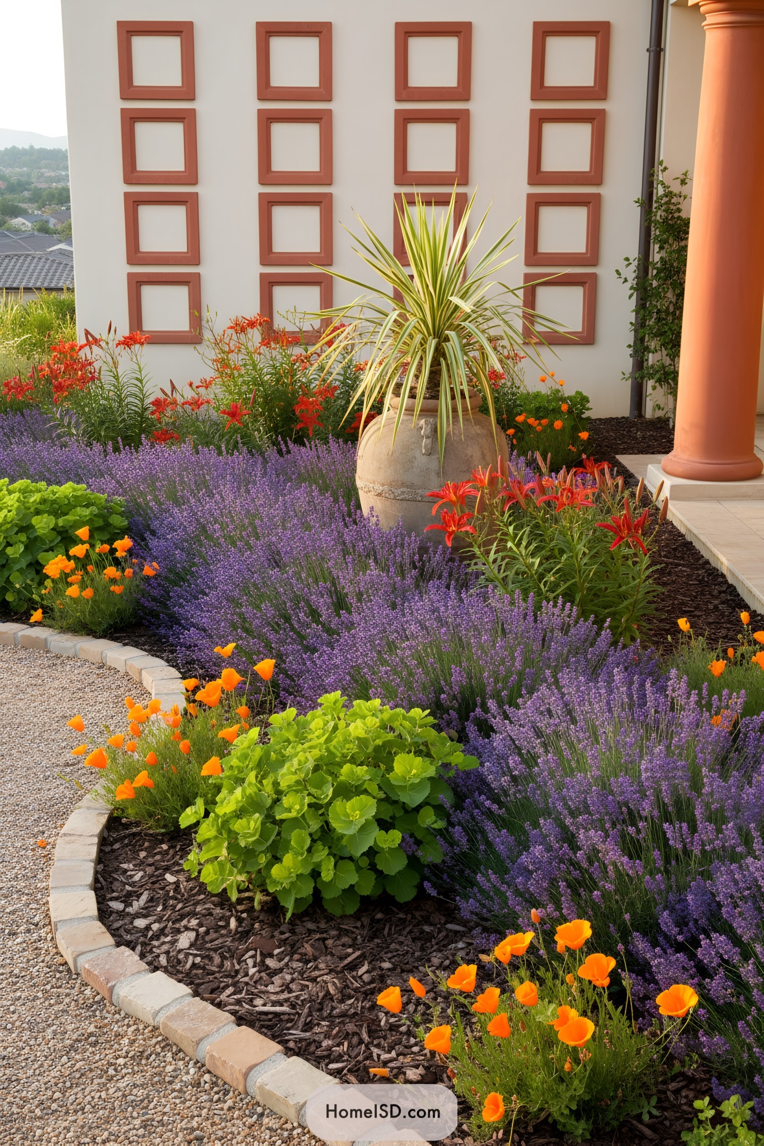 Courtyard planting with lavender, poppies, red lilies, and a tall yucca in a terracotta urn
