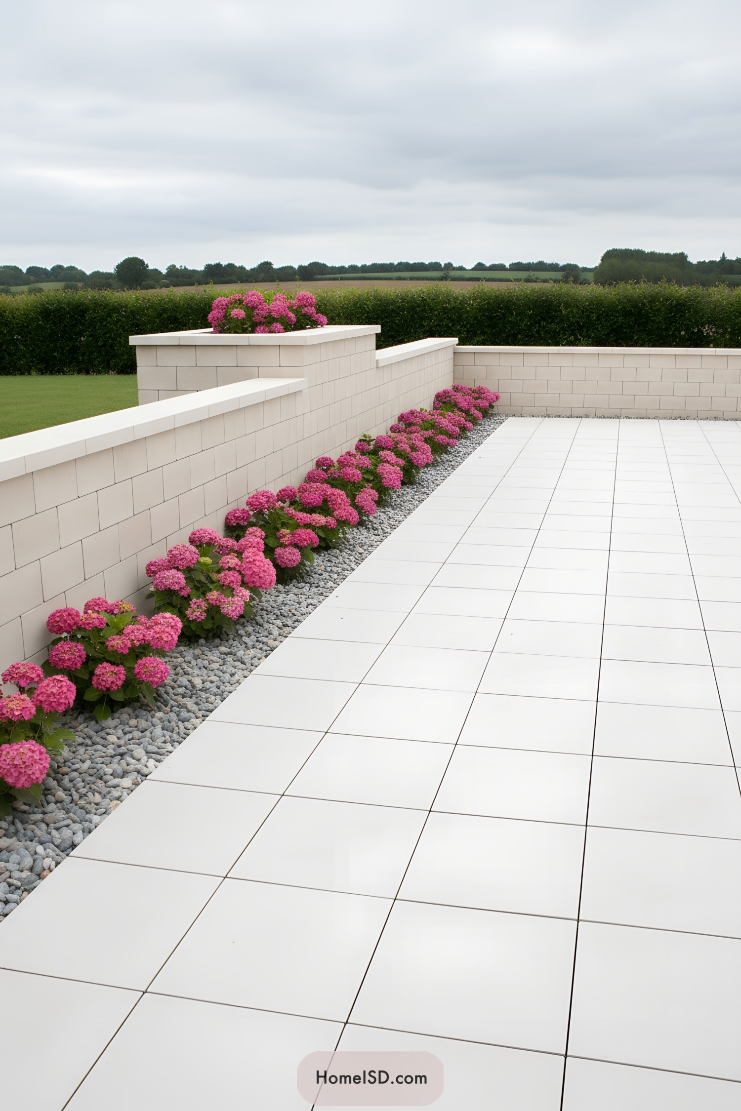 White-tiled terrace with hydrangea edge