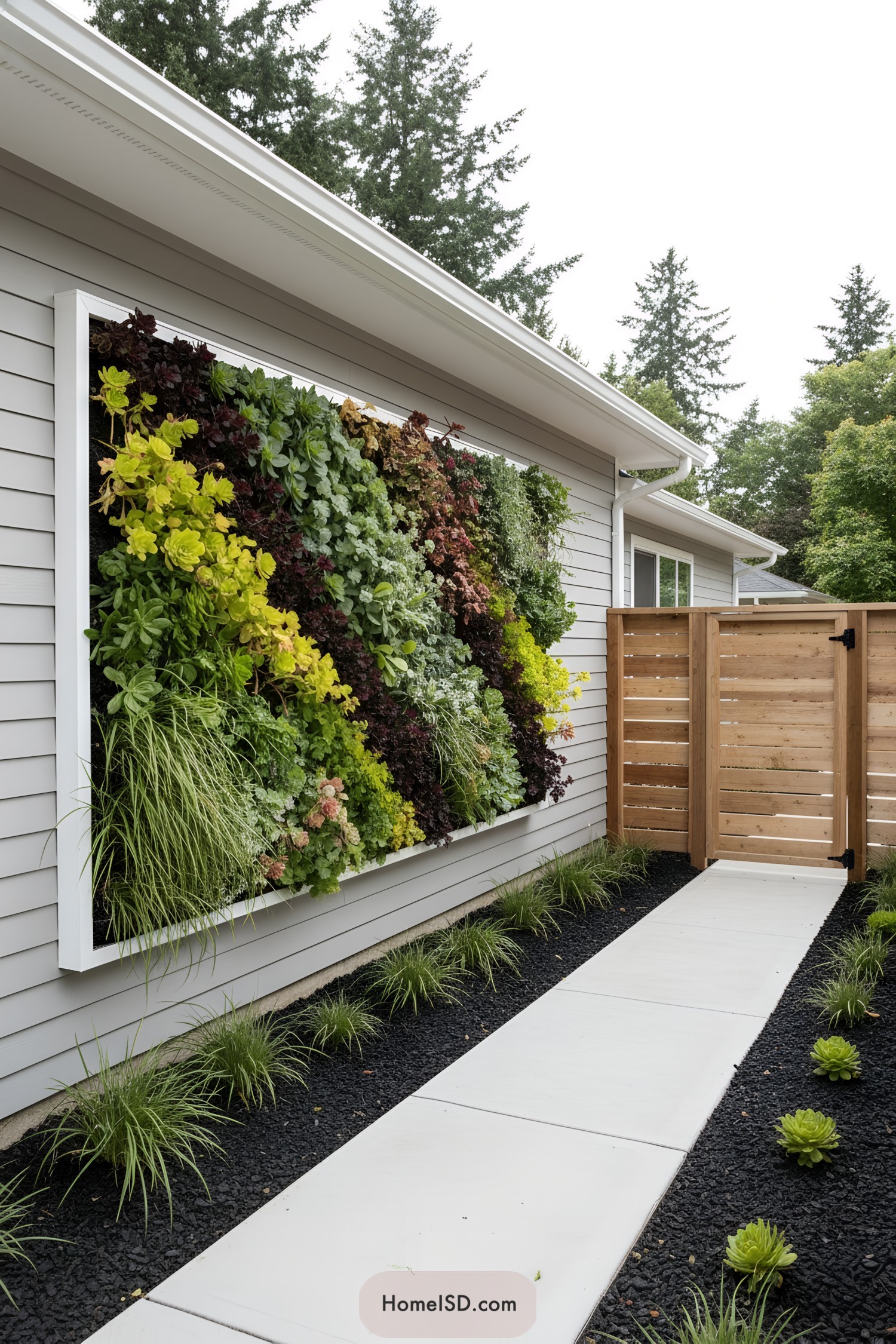 Framed vertical garden with slanted bands of foliage along a modern walkway