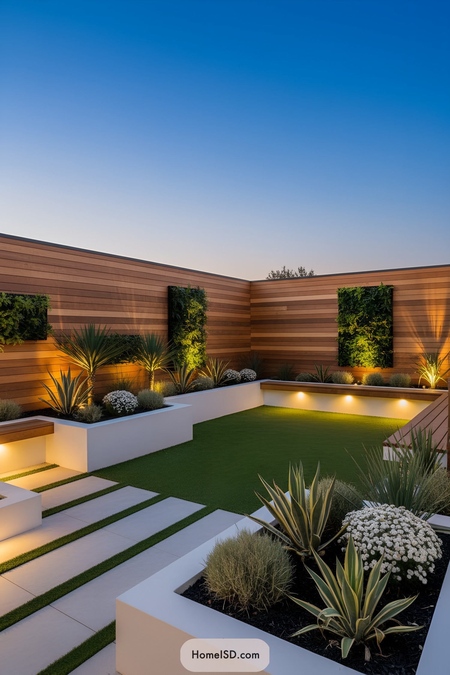 Contemporary courtyard with wood walls, raised planters, and warm lighting