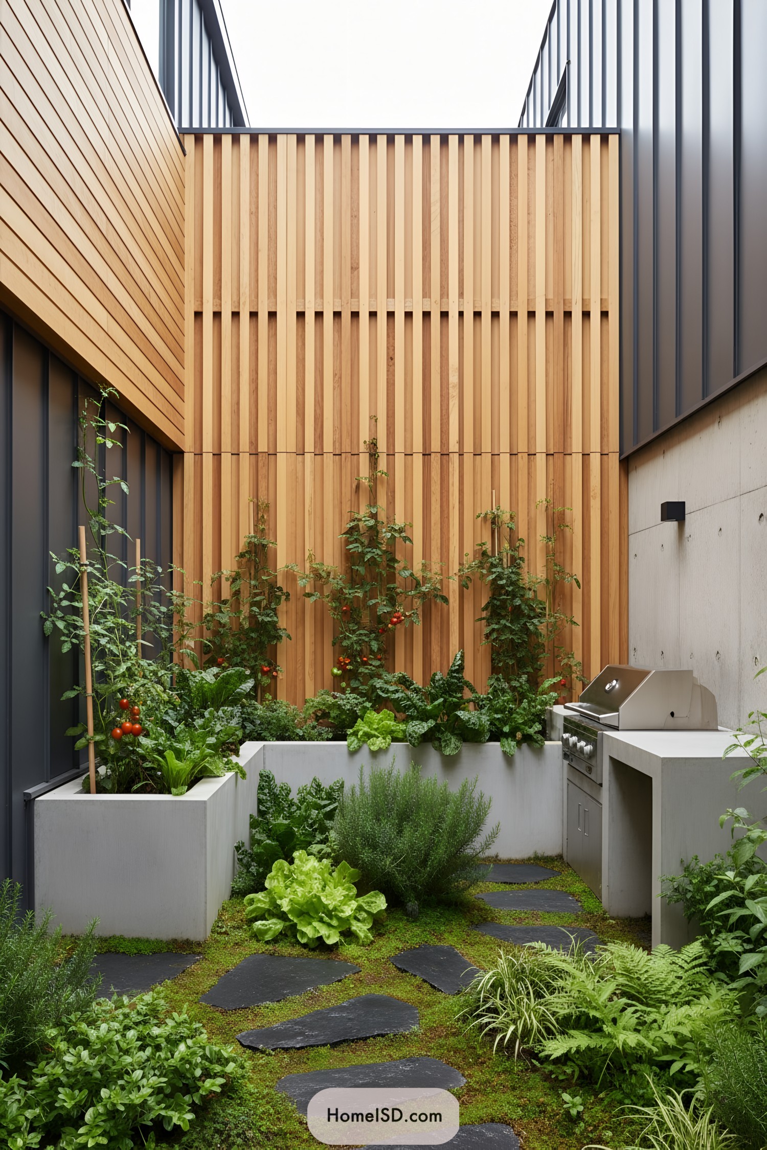Compact veggie garden with slatted wood wall and built-in grill
