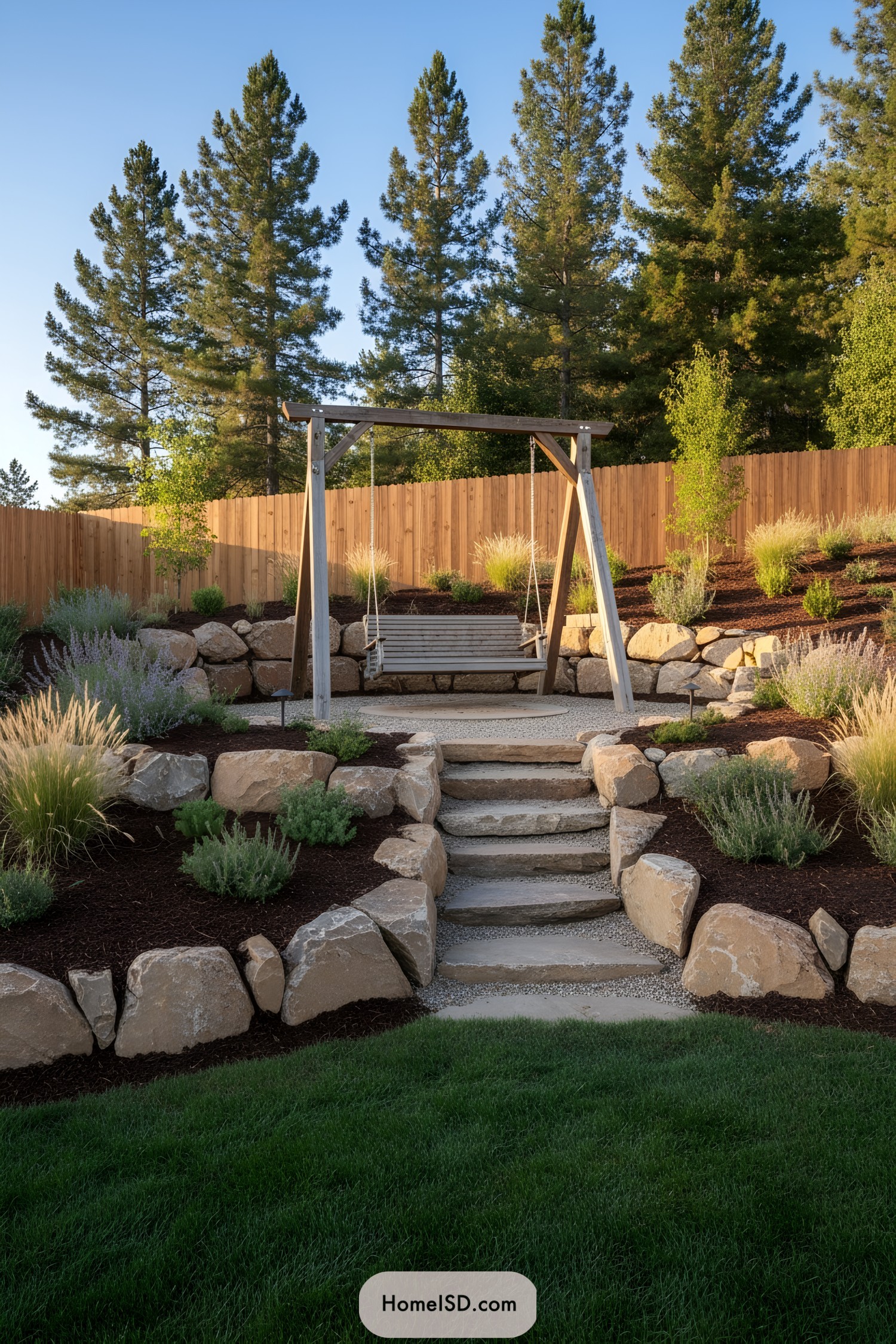 Stone steps lead to a wooden porch swing framed by simple timber posts, nestled among terraced boulder beds. Drought-tolerant grasses and lavender soften the rugged rockwork and add movement in the breeze