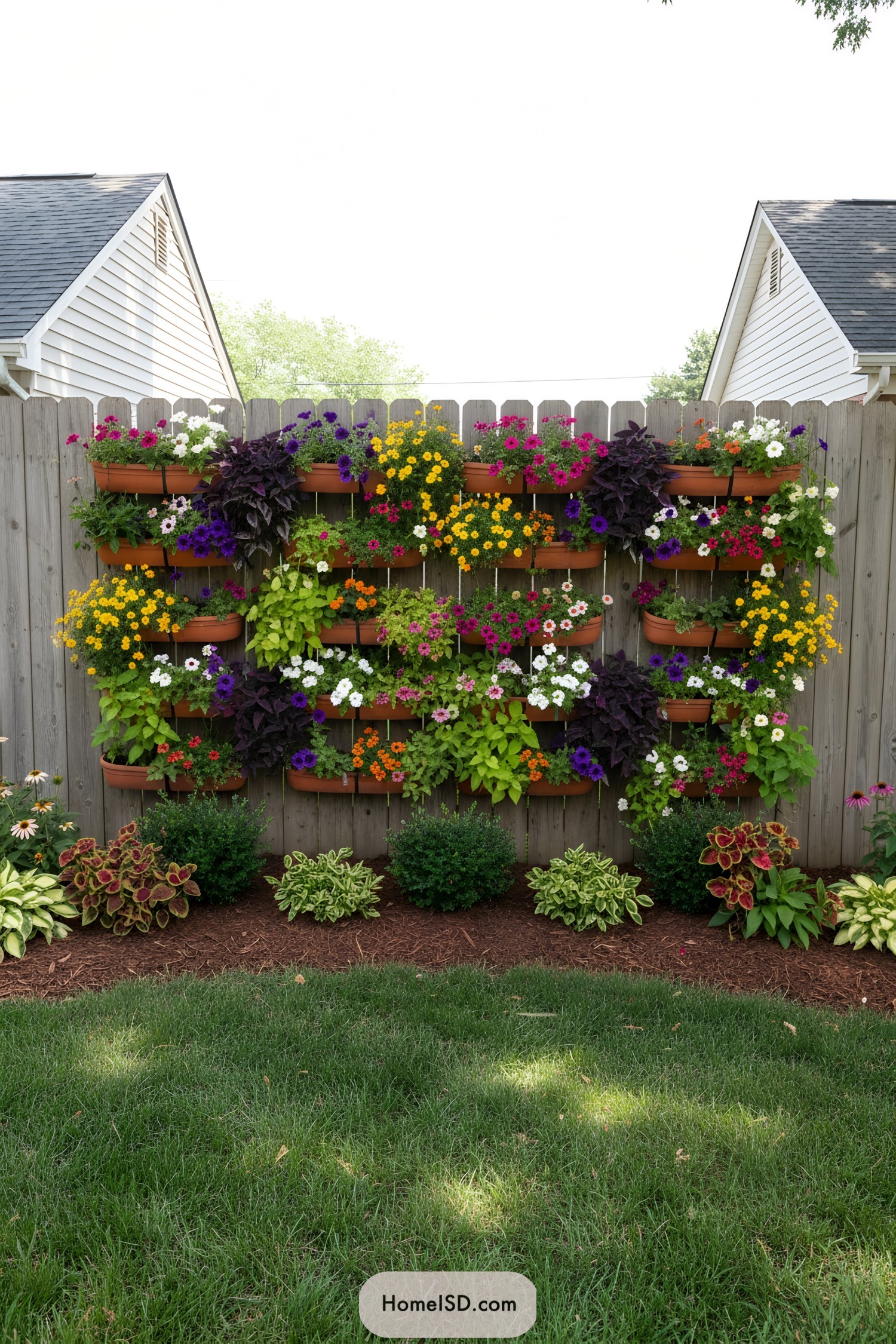 Colorful wall of tiered flower planters on a wooden fence