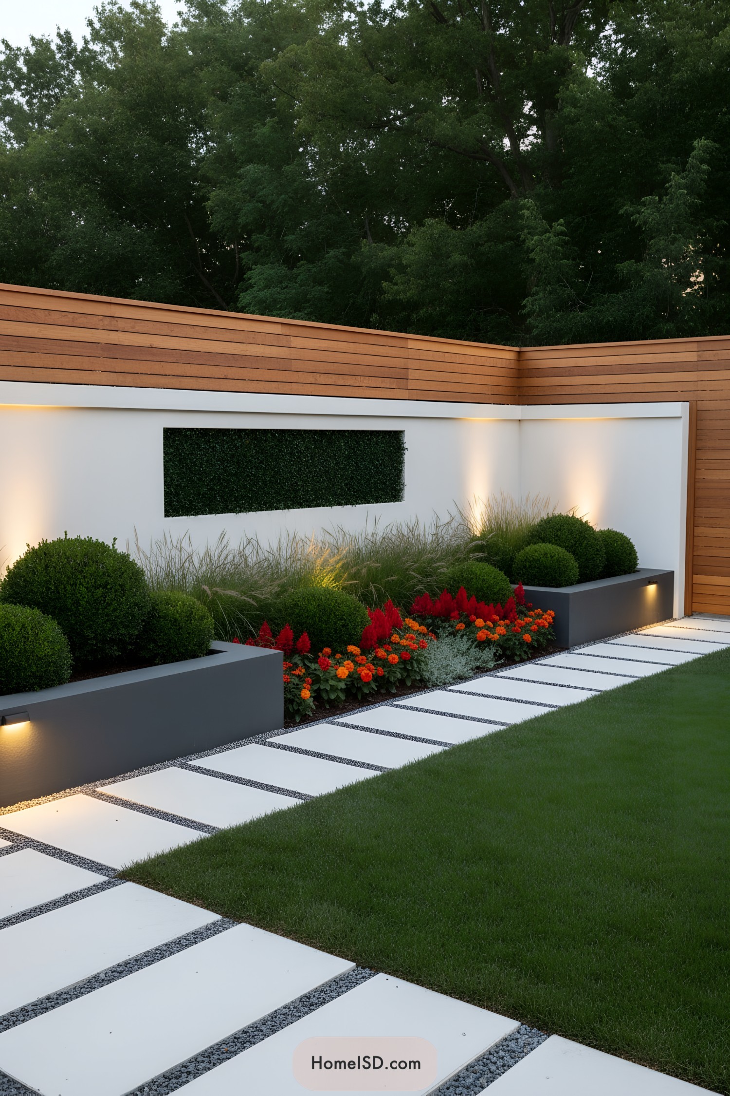 Modern garden wall with cedar cap, lighting, and geometric planters