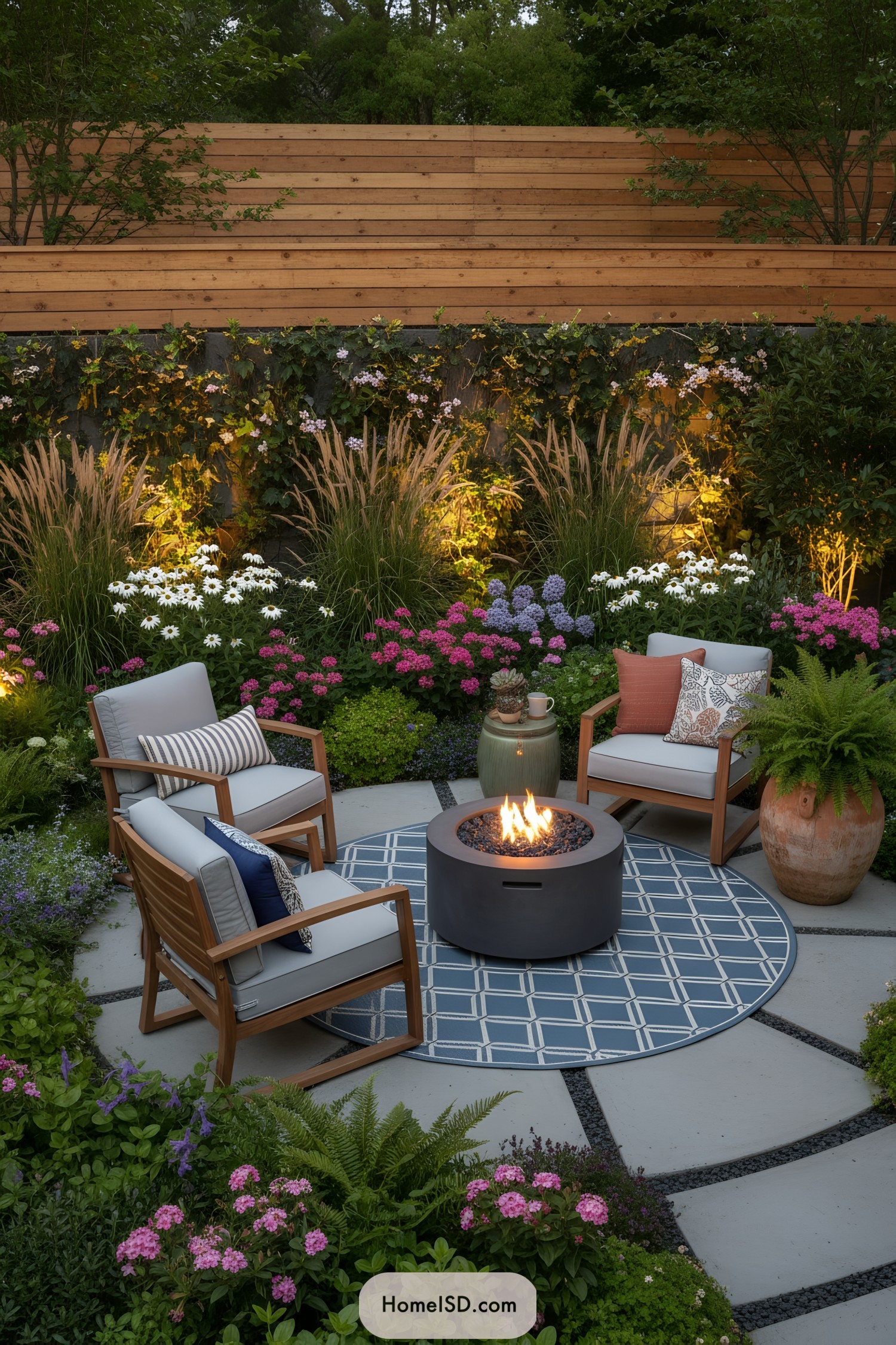 Cozy round patio with fire pit, wood chairs, layered flowers, and warm wall lighting