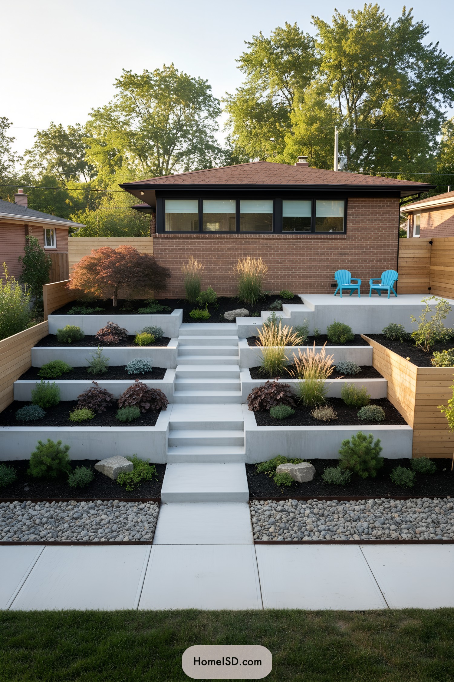 Stepped concrete garden with tiered planters