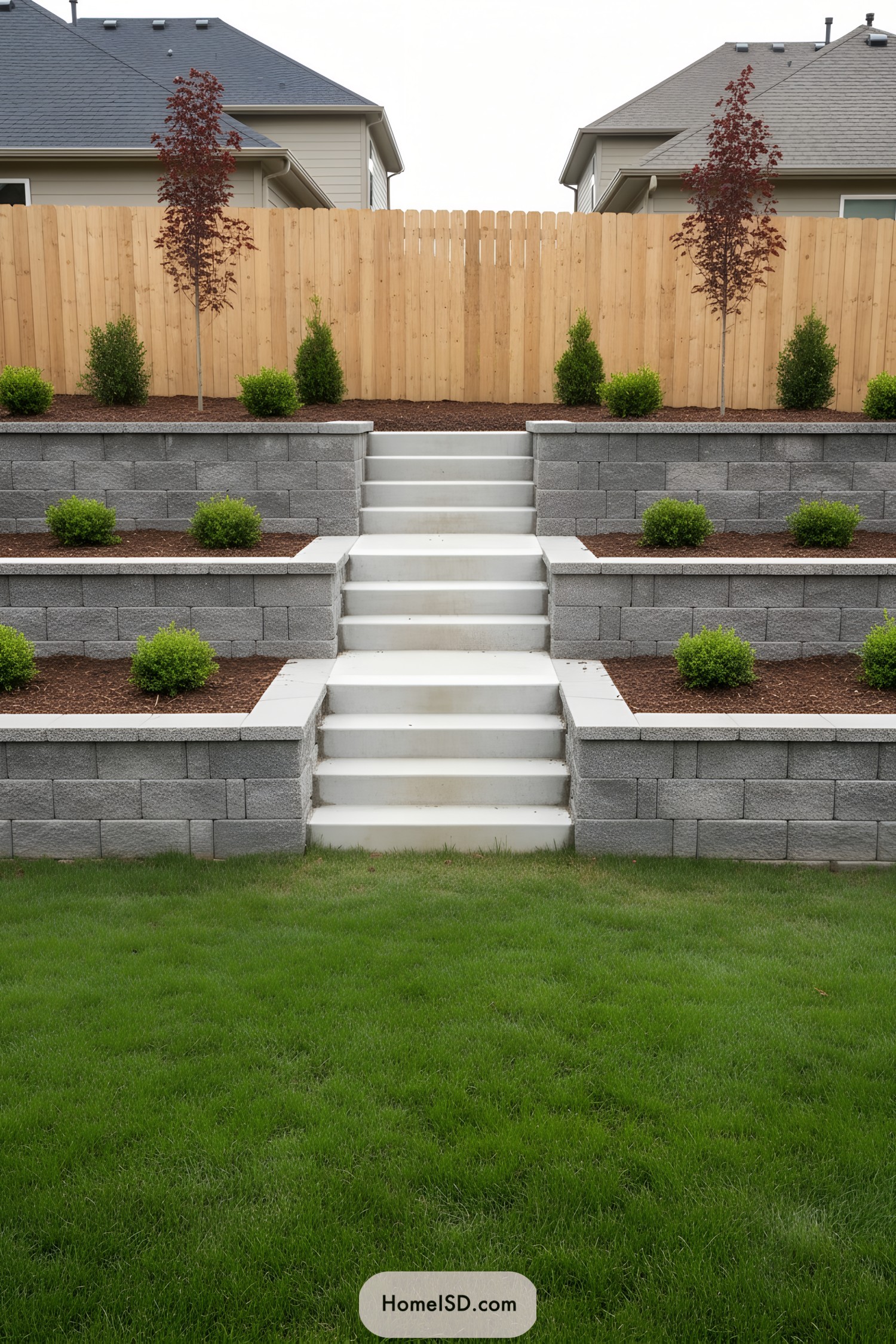 Tiered gray block walls with centered white steps and neatly mulched plantings