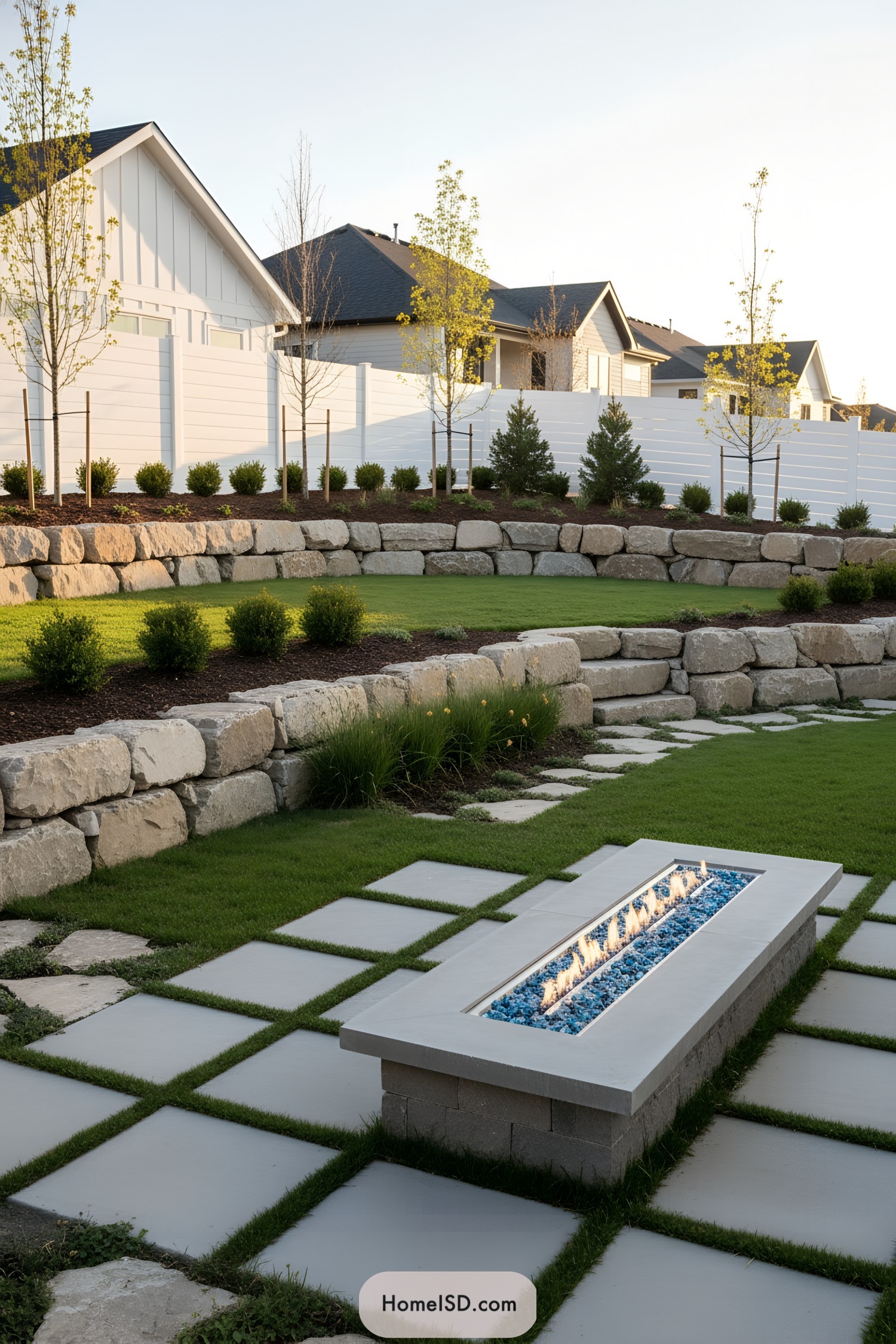 Linear fire pit on porcelain pavers amid terraced stone walls and manicured lawn