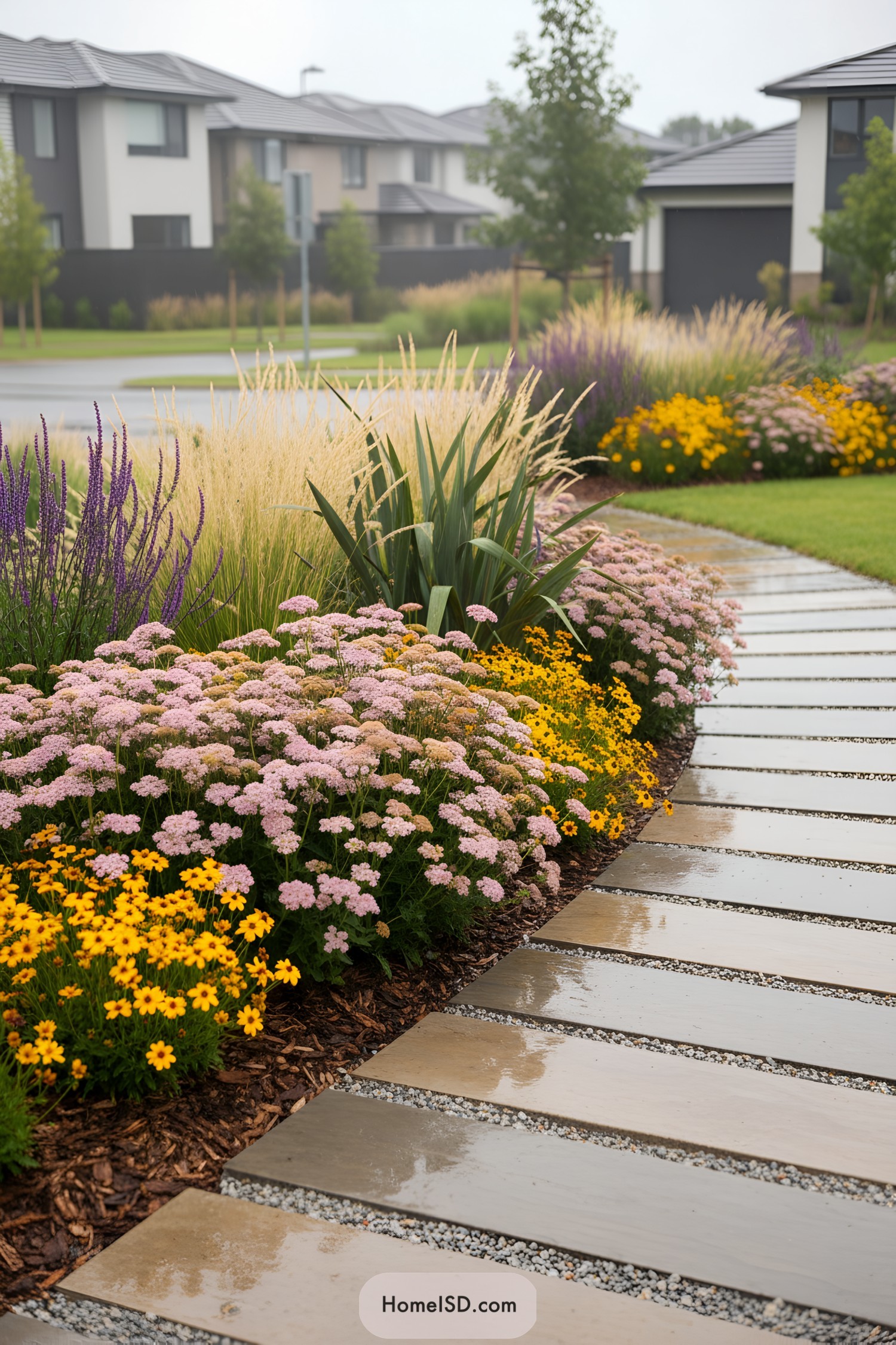 Contemporary slab walkway edged with pink yarrow, yellow daisies, purple spikes, and ornamental grasses