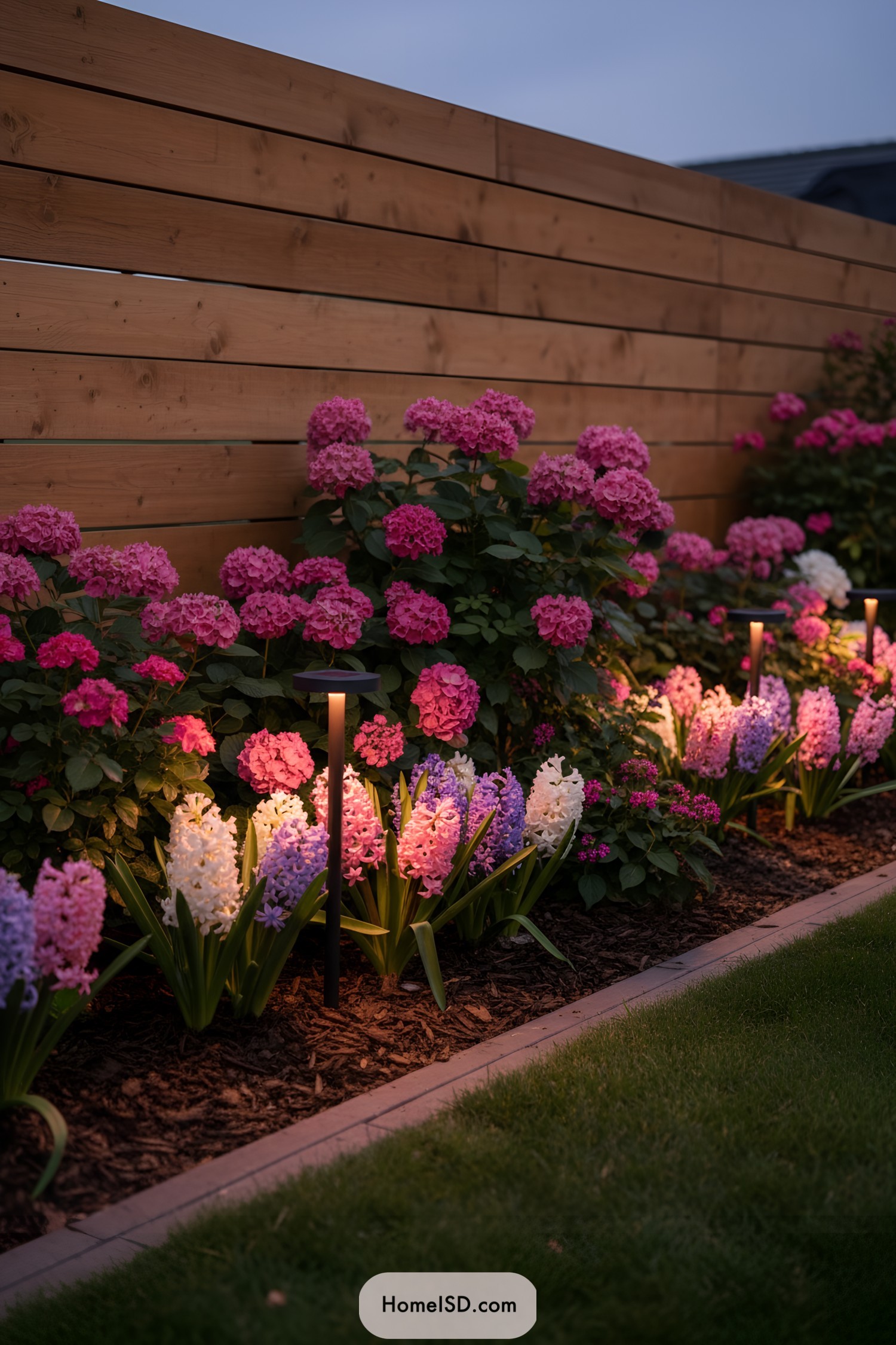 Pink hydrangeas and pastel hyacinths lit by path lights along a cedar fence